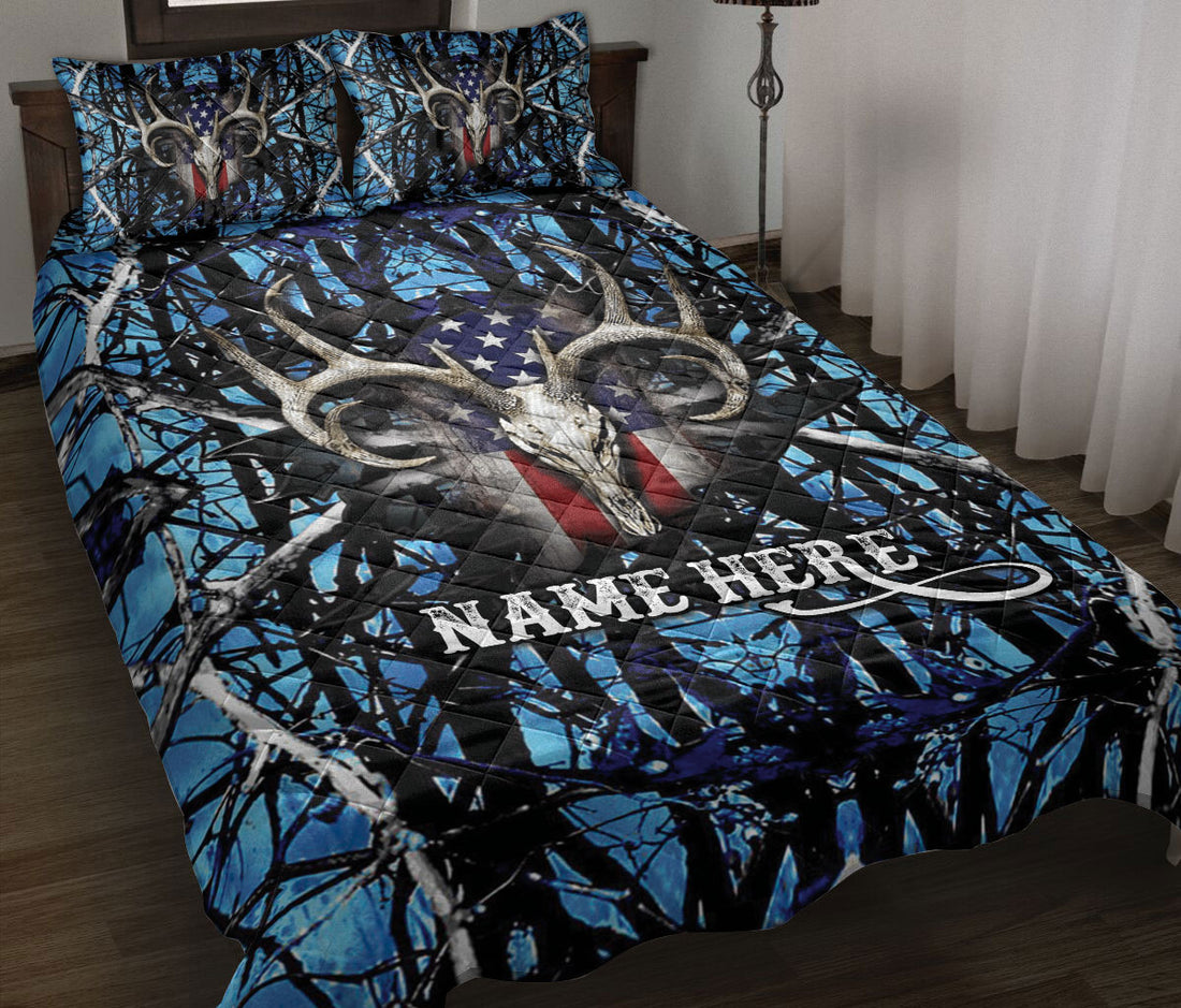 Ohaprints-Quilt-Bed-Set-Pillowcase-Deer-Hunter-Hunting-Blue-Camouflage-Pattern-Us-Flag-Custom-Personalized-Name-Blanket-Bedspread-Bedding-342-Throw (55'' x 60'')