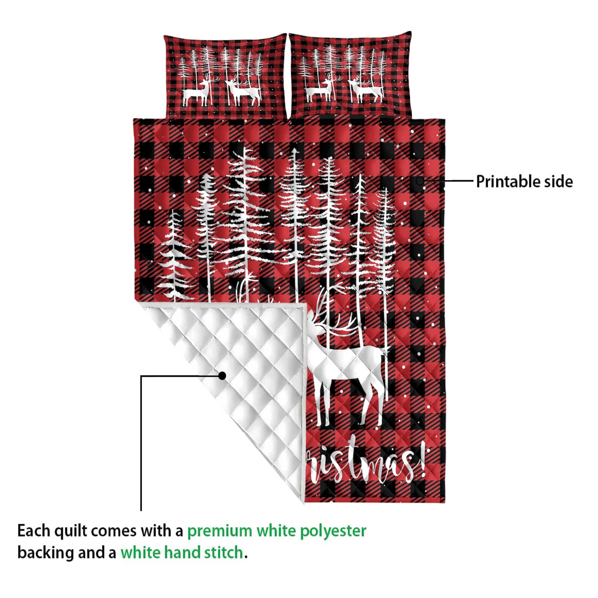 Ohaprints-Quilt-Bed-Set-Pillowcase-Merry-Christmas-New-Year-Christmas-Tree-With-Deer-Red-Buffalo-Plaid-Blanket-Bedspread-Bedding-4158-Queen (80'' x 90'')