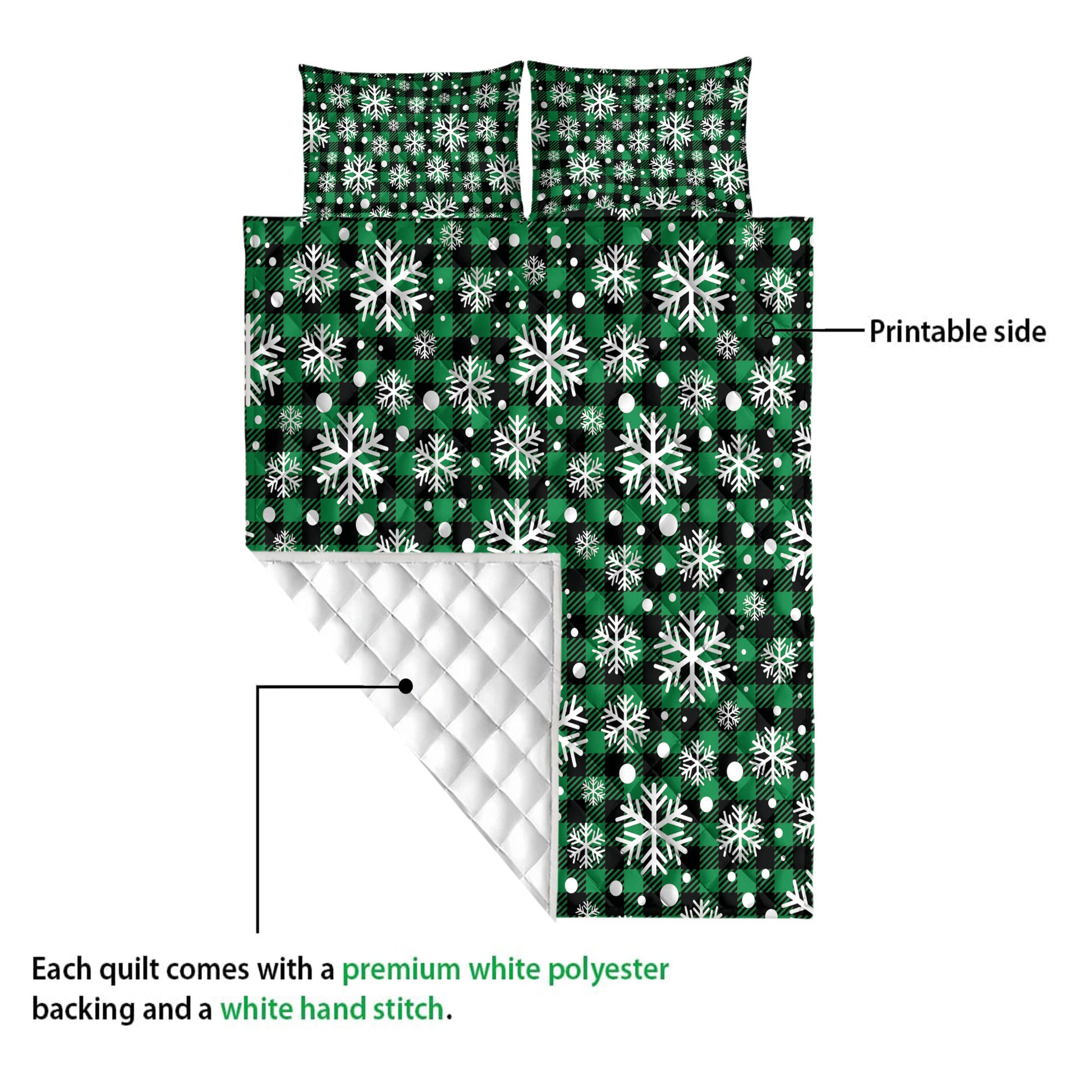 Ohaprints-Quilt-Bed-Set-Pillowcase-Christmas-Snowflake-Green-Grid-White-Buffalo-Plaid-Unique-Gifts-Blanket-Bedspread-Bedding-4159-Queen (80'' x 90'')