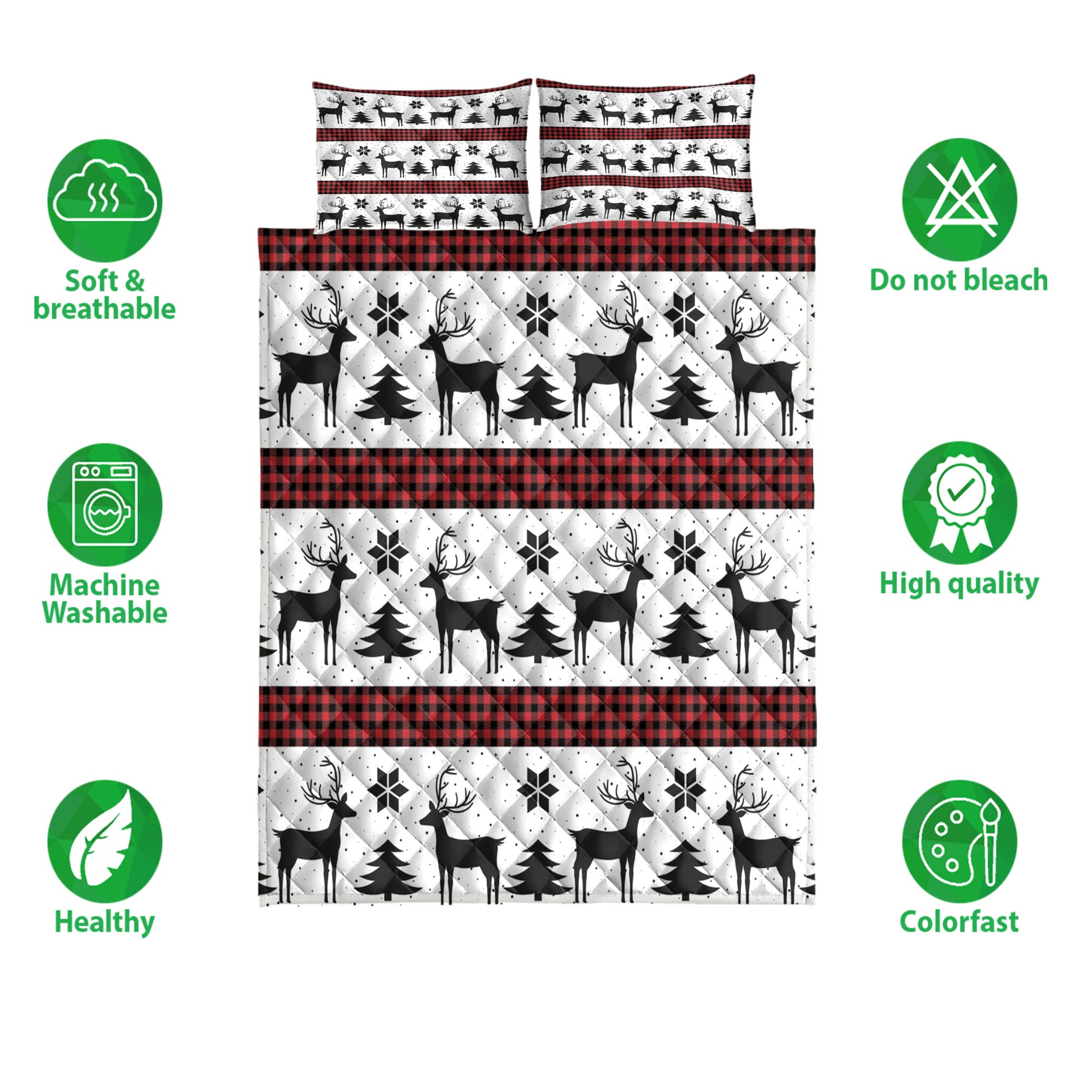 Ohaprints-Quilt-Bed-Set-Pillowcase-Deer-And-Christmas-Tree-Christmas-New-Year-Pattern-Red-Buffalo-Plaid-Blanket-Bedspread-Bedding-4160-Double (70'' x 80'')