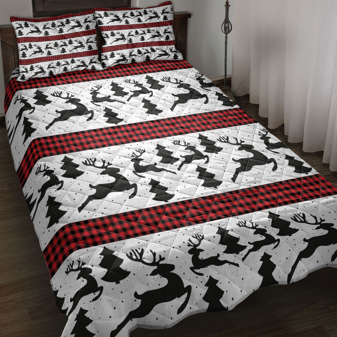 Ohaprints-Quilt-Bed-Set-Pillowcase-Deer-Christmas-Tree-Christmas-New-Year-Pattern-Red-Buffalo-Plaid-Blanket-Bedspread-Bedding-4162-Throw (55'' x 60'')