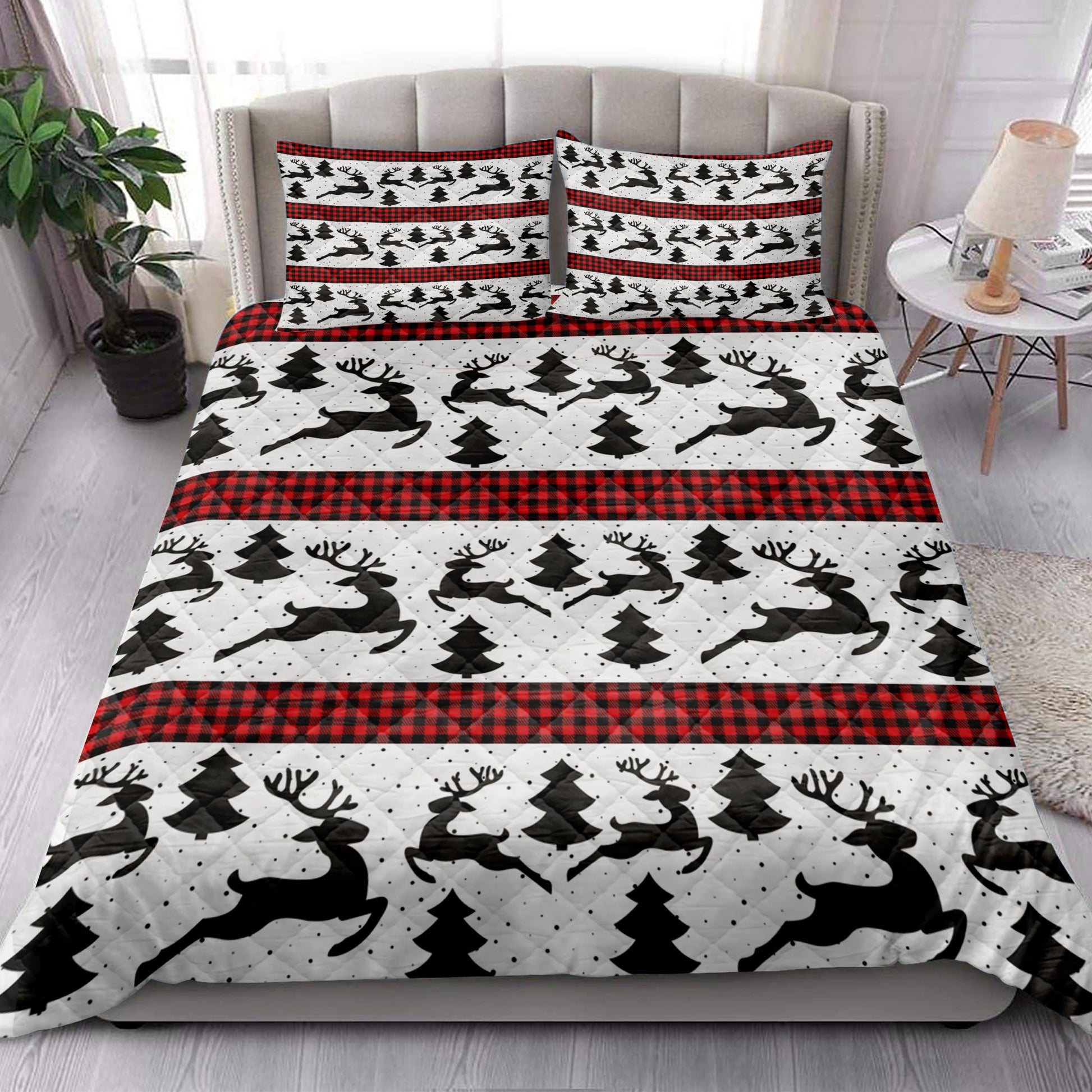 Ohaprints-Quilt-Bed-Set-Pillowcase-Deer-Christmas-Tree-Christmas-New-Year-Pattern-Red-Buffalo-Plaid-Blanket-Bedspread-Bedding-4162-King (90'' x 100'')