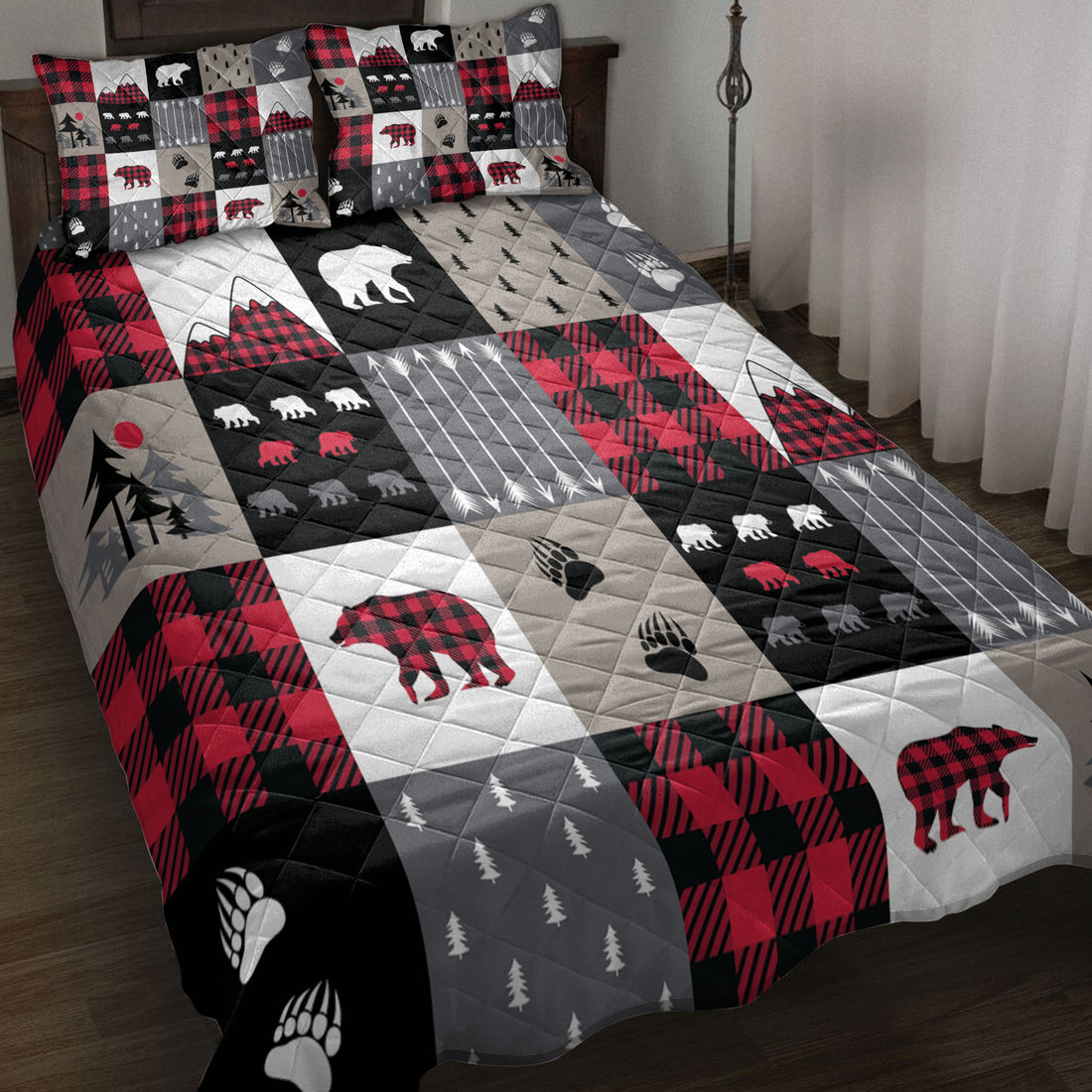 Ohaprints-Quilt-Bed-Set-Pillowcase-Cabin-Bear-Country-Patchwork-Bears-Mountains-Bear-Tracks-Arrows-Tree-Blanket-Bedspread-Bedding-4171-Throw (55'' x 60'')