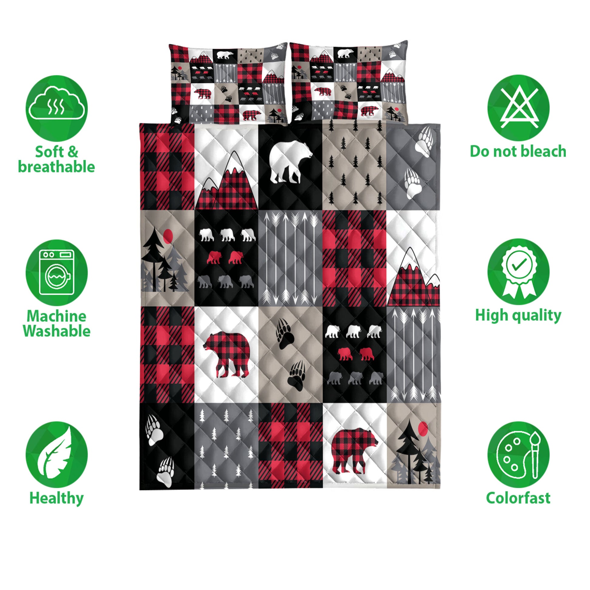 Ohaprints-Quilt-Bed-Set-Pillowcase-Cabin-Bear-Country-Patchwork-Bears-Mountains-Bear-Tracks-Arrows-Tree-Blanket-Bedspread-Bedding-4171-Double (70'' x 80'')