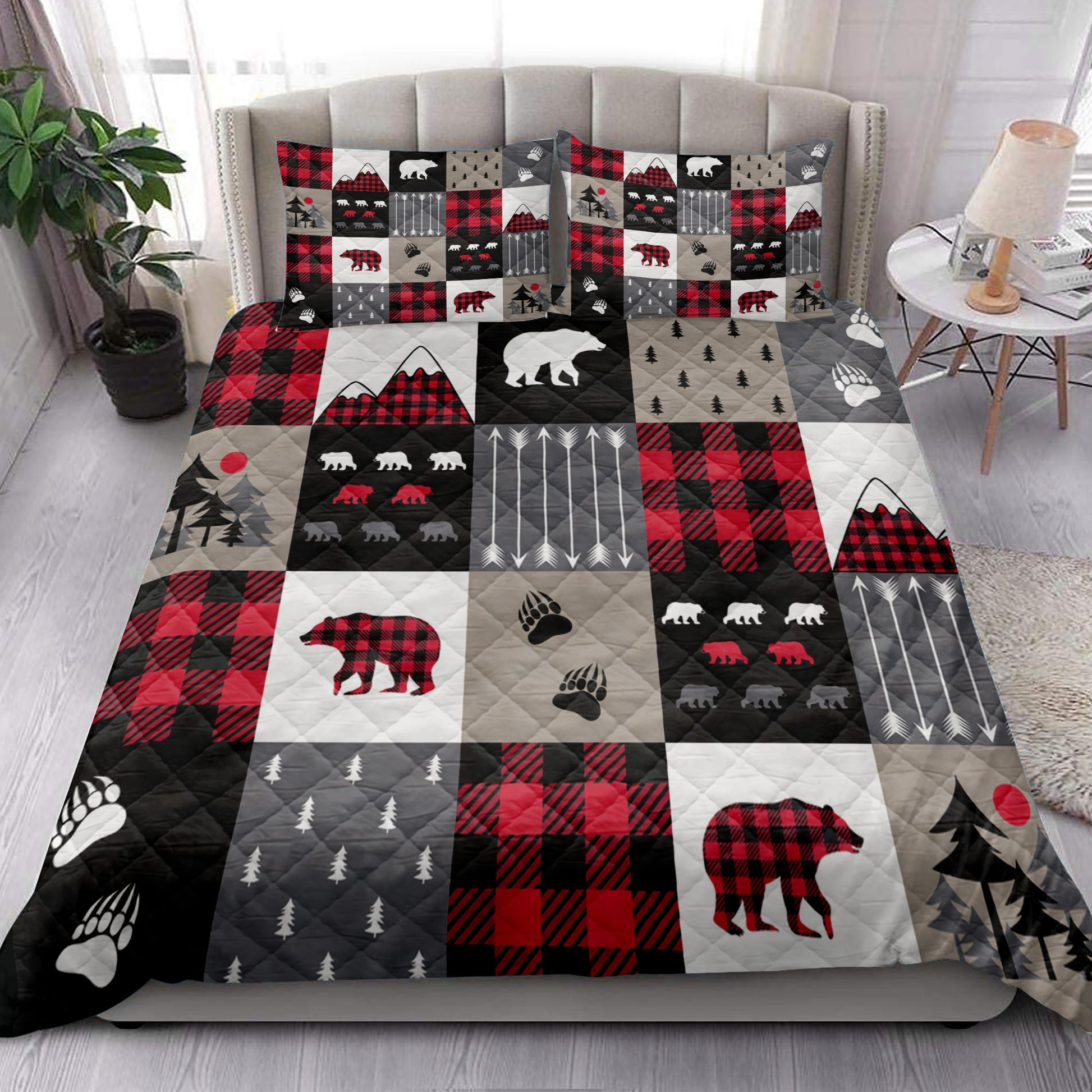 Ohaprints-Quilt-Bed-Set-Pillowcase-Cabin-Bear-Country-Patchwork-Bears-Mountains-Bear-Tracks-Arrows-Tree-Blanket-Bedspread-Bedding-4171-King (90'' x 100'')