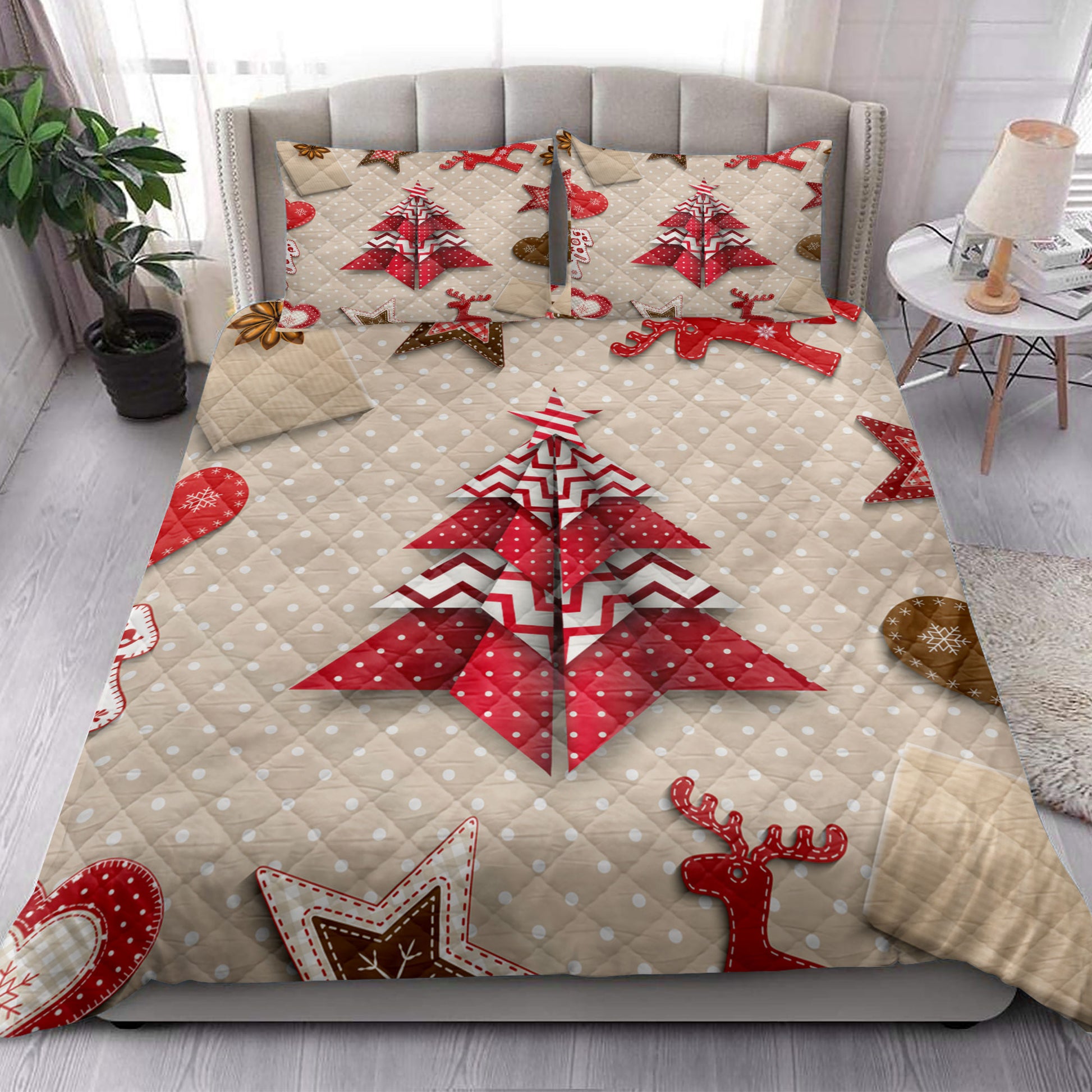 Ohaprints-Quilt-Bed-Set-Pillowcase-Christmas-Red-And-White-Origami-Tree-On-Polka-Dot-Christmas-Gift-Blanket-Bedspread-Bedding-4174-King (90'' x 100'')