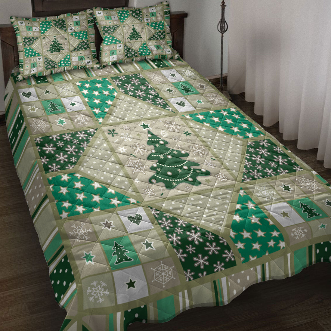 Ohaprints-Quilt-Bed-Set-Pillowcase-Christmas-Holiday-Patchwork-Christmas-Tree-Stars-Snowflakes-Heart-Blanket-Bedspread-Bedding-4178-Throw (55'' x 60'')