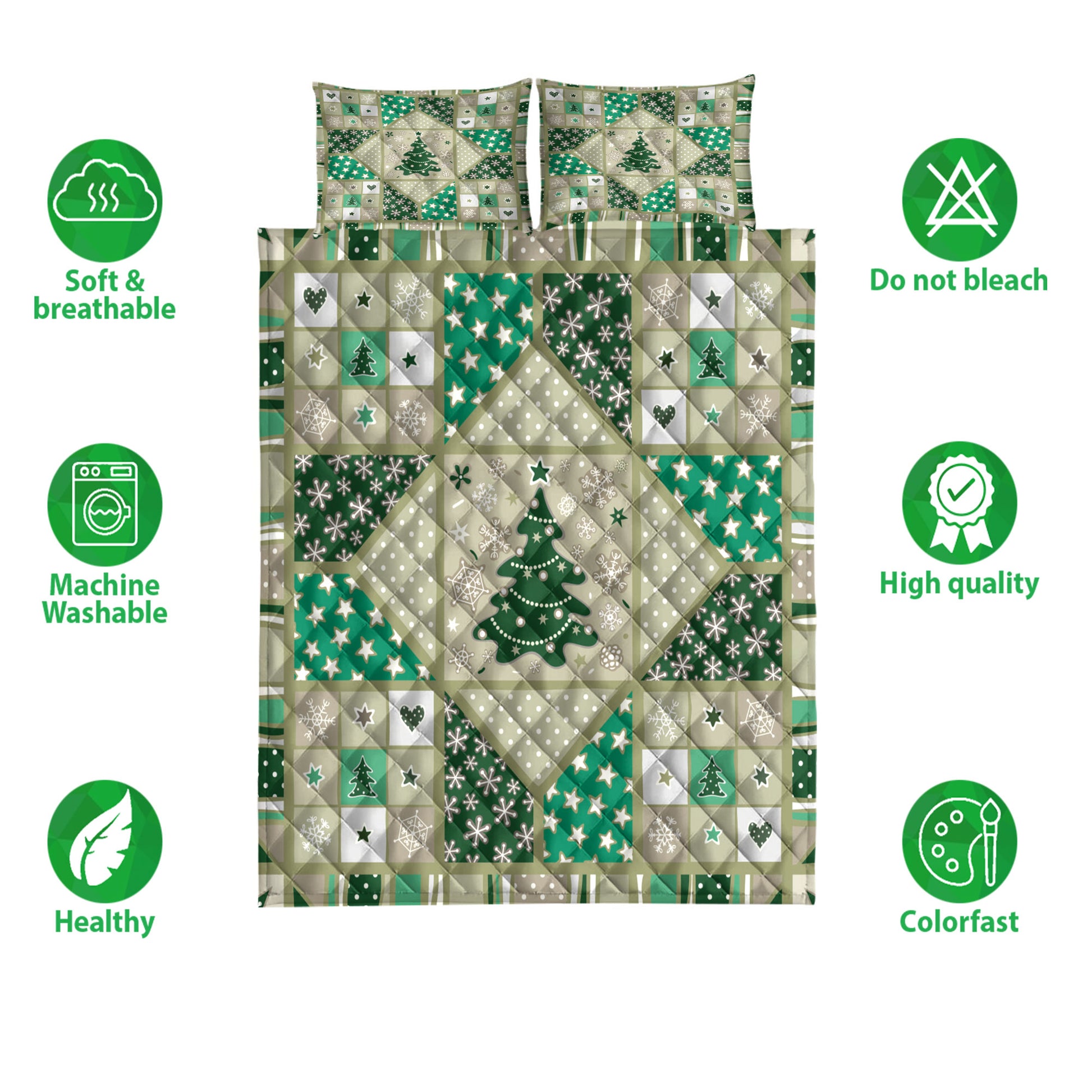 Ohaprints-Quilt-Bed-Set-Pillowcase-Christmas-Holiday-Patchwork-Christmas-Tree-Stars-Snowflakes-Heart-Blanket-Bedspread-Bedding-4178-Double (70'' x 80'')