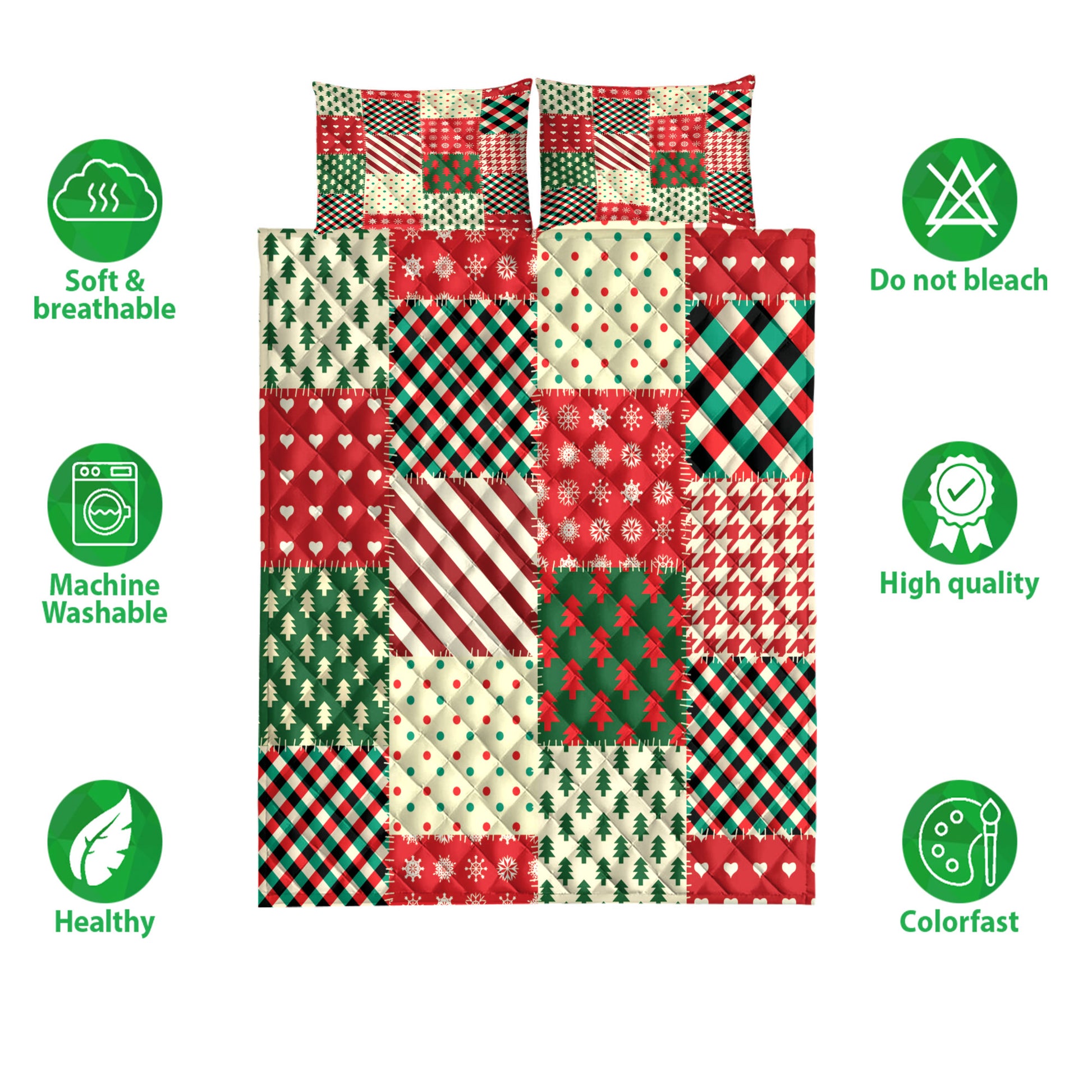 Ohaprints-Quilt-Bed-Set-Pillowcase-Christmas-Patchwork-Snowflake-Christmas-Tree-Buffalo-Plaid-Blanket-Bedspread-Bedding-4180-Double (70'' x 80'')