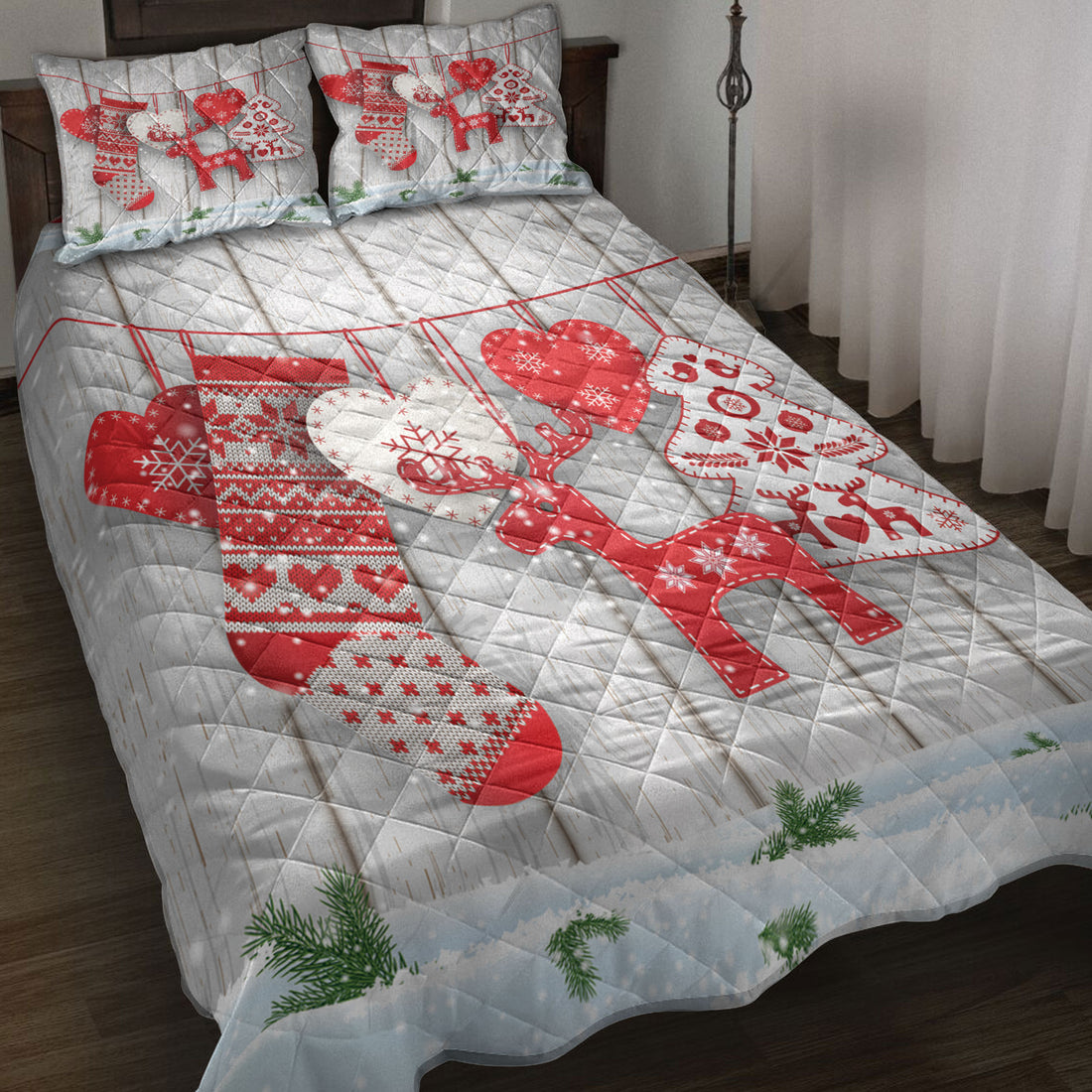 Ohaprints-Quilt-Bed-Set-Pillowcase-Christmas-Scandinavian-Hearts-Deer-Treesanta-Stocking-Christmas-Gift-Blanket-Bedspread-Bedding-4182-Throw (55'' x 60'')