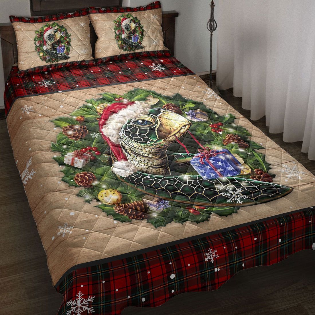 Ohaprints-Quilt-Bed-Set-Pillowcase-Turtle-Wearing-Wreath-A-Christmas-Hat-Gift-Boxes-Red-Buffalo-Plaid-Blanket-Bedspread-Bedding-3748-Throw (55'' x 60'')