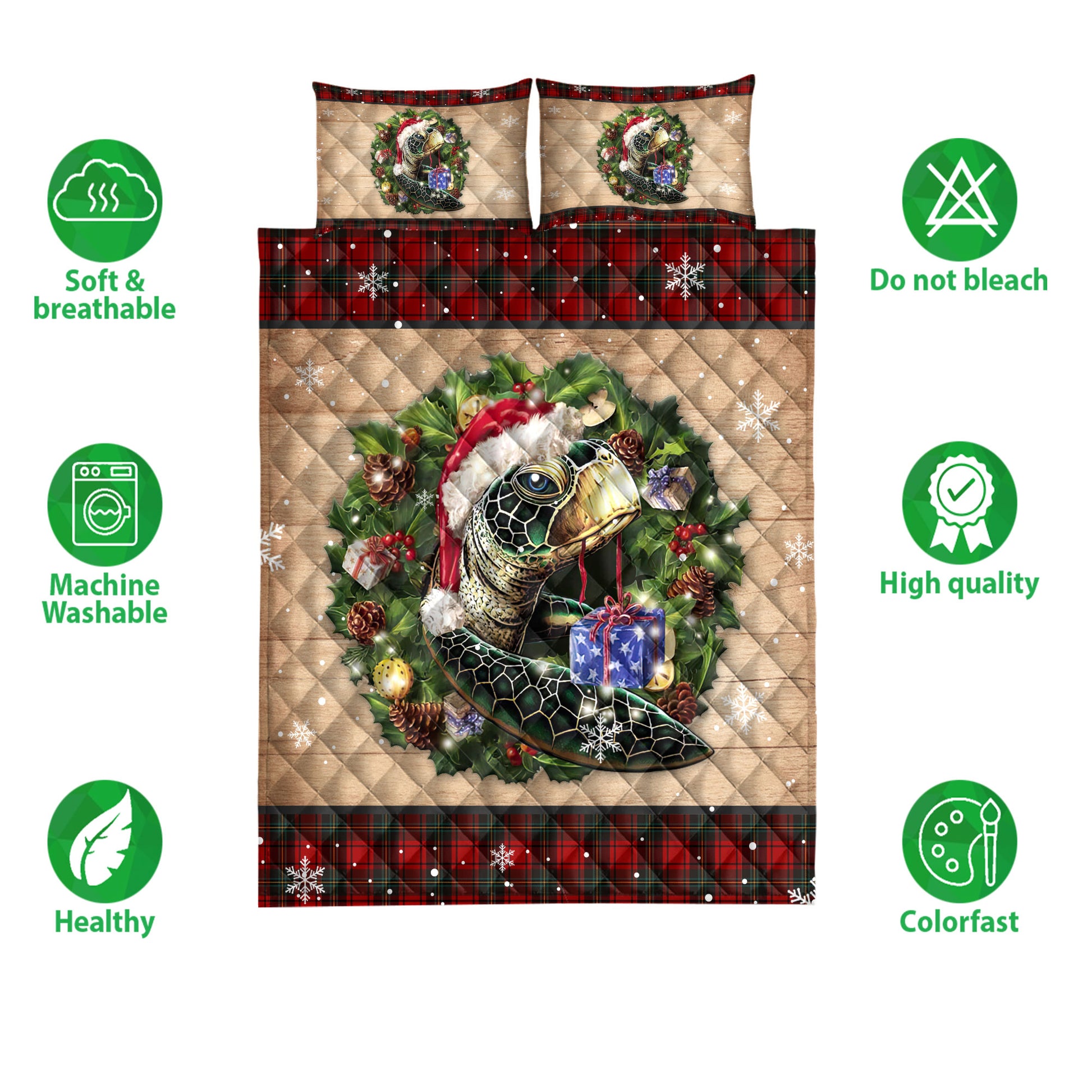 Ohaprints-Quilt-Bed-Set-Pillowcase-Turtle-Wearing-Wreath-A-Christmas-Hat-Gift-Boxes-Red-Buffalo-Plaid-Blanket-Bedspread-Bedding-3748-Double (70'' x 80'')