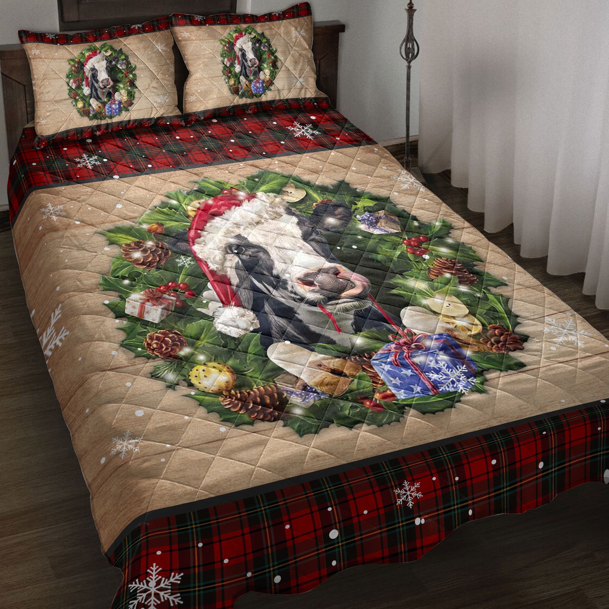 Ohaprints-Quilt-Bed-Set-Pillowcase-Cow-Wearing-Wreath-A-Christmas-Hat-Gift-Red-Buffalo-Plaid-Winter-Blanket-Bedspread-Bedding-3749-Throw (55'' x 60'')