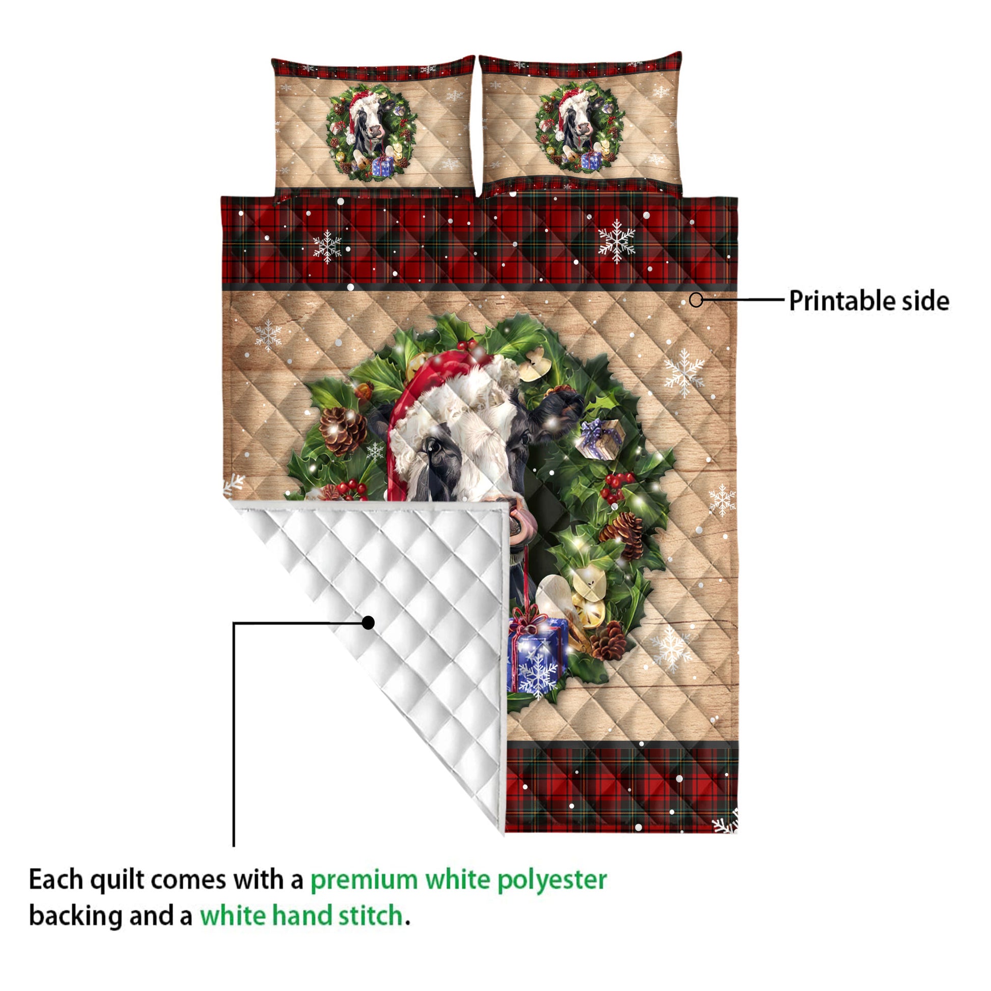 Ohaprints-Quilt-Bed-Set-Pillowcase-Cow-Wearing-Wreath-A-Christmas-Hat-Gift-Red-Buffalo-Plaid-Winter-Blanket-Bedspread-Bedding-3749-Queen (80'' x 90'')