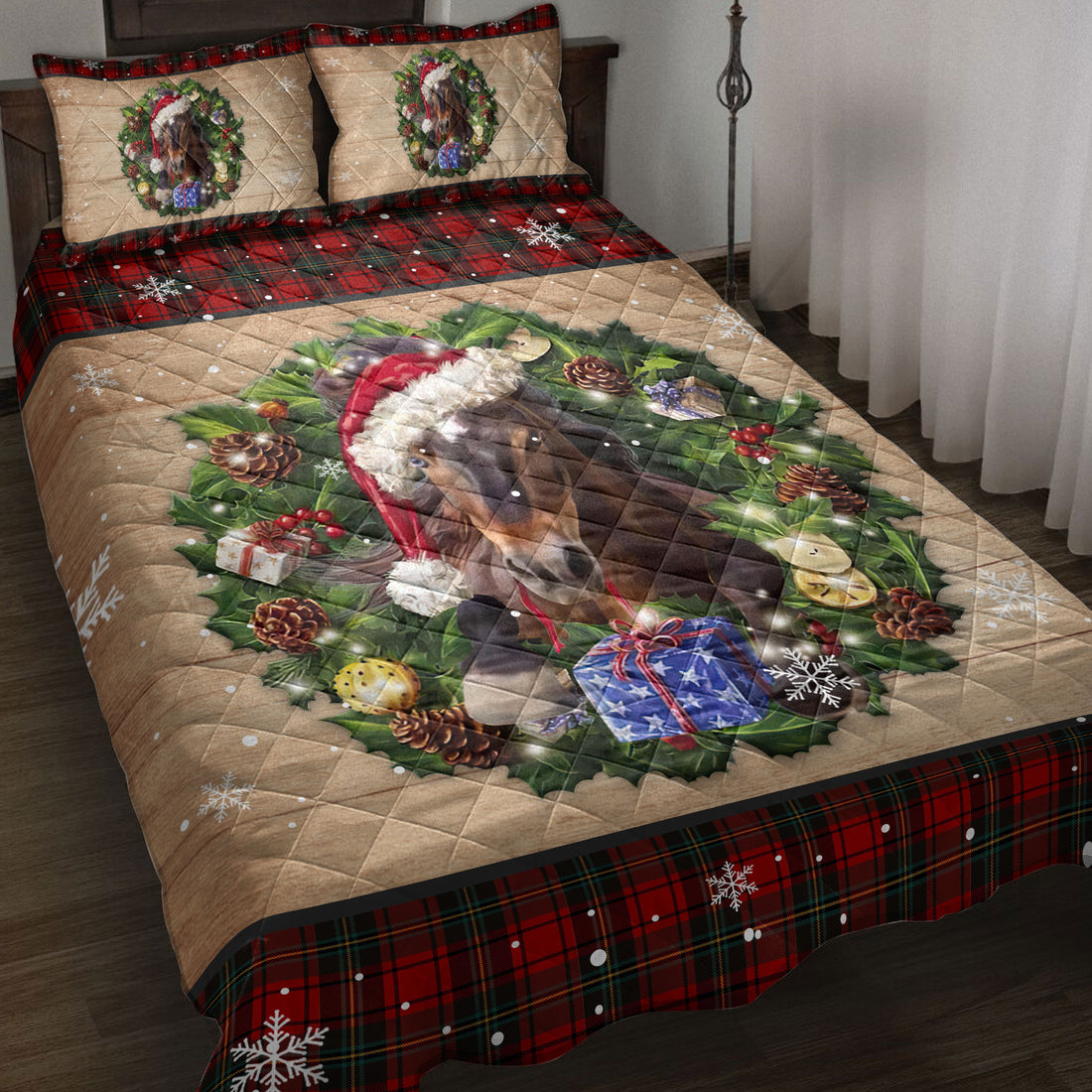 Ohaprints-Quilt-Bed-Set-Pillowcase-Horse-Wearing-Wreath-A-Christmas-Hat-Gift-Boxes-Red-Buffalo-Plaid-Blanket-Bedspread-Bedding-3750-Throw (55'' x 60'')