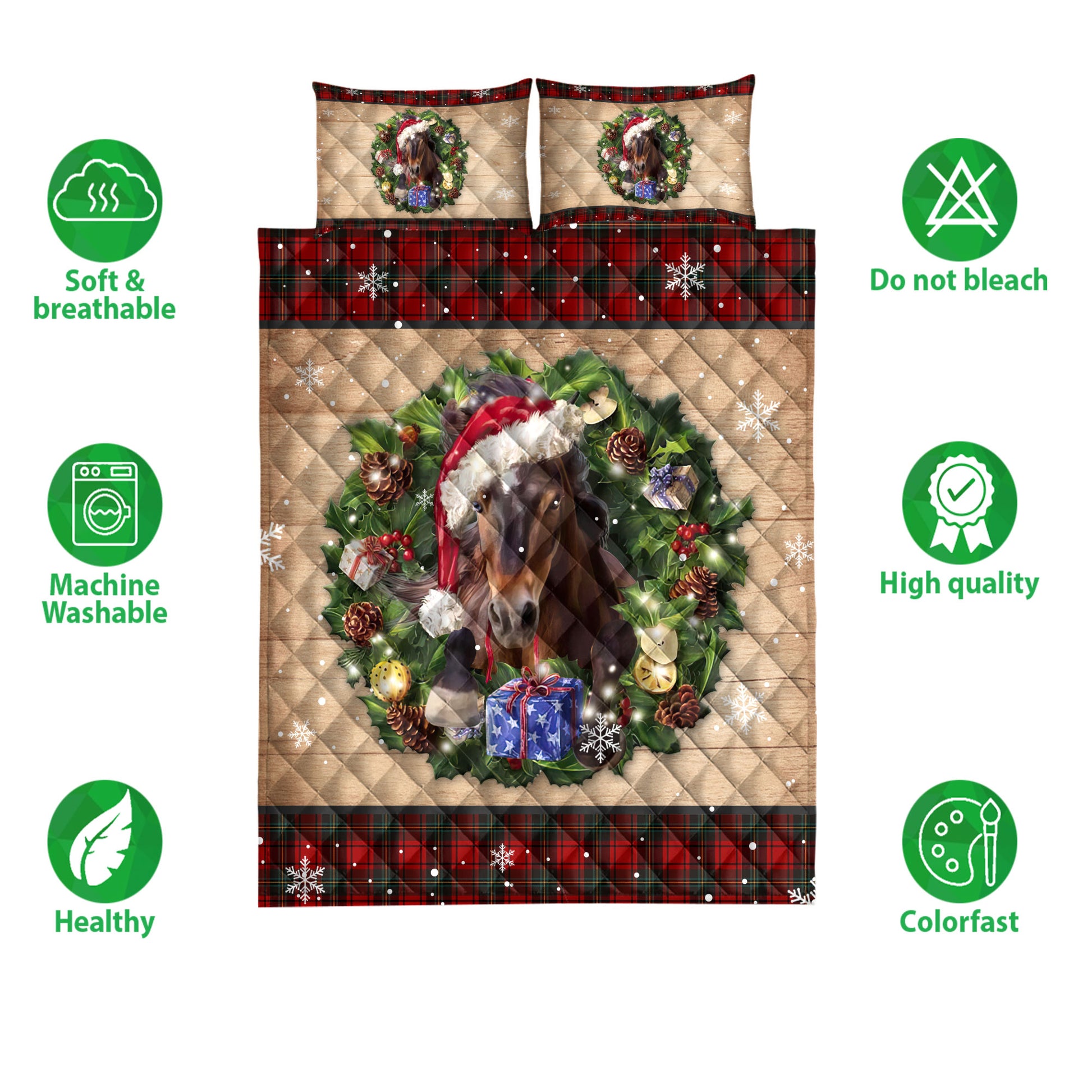 Ohaprints-Quilt-Bed-Set-Pillowcase-Horse-Wearing-Wreath-A-Christmas-Hat-Gift-Boxes-Red-Buffalo-Plaid-Blanket-Bedspread-Bedding-3750-Double (70'' x 80'')