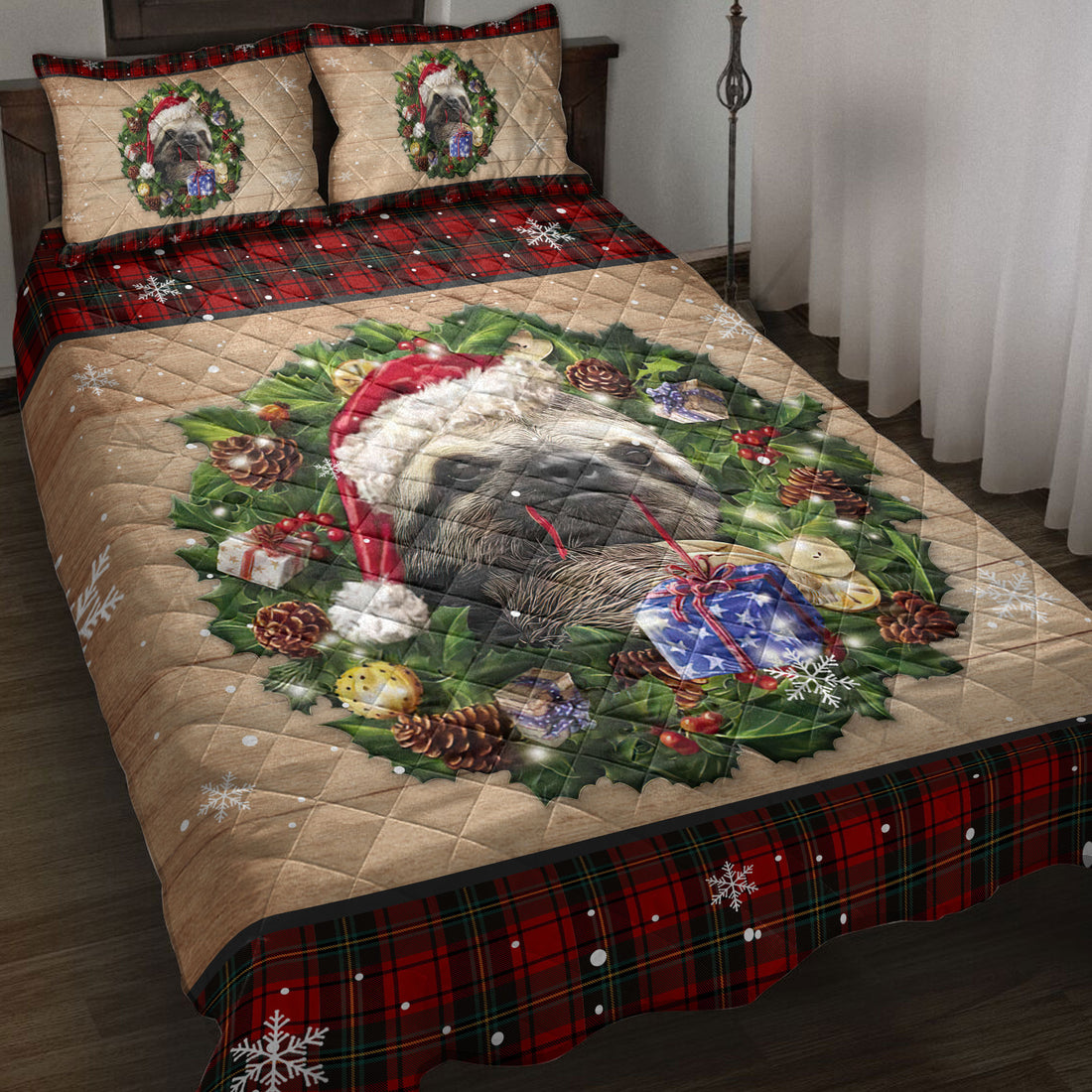 Ohaprints-Quilt-Bed-Set-Pillowcase-Sloth-Wearing-Wreath-A-Christmas-Hat-Gift-Boxes-Red-Buffalo-Plaid-Blanket-Bedspread-Bedding-3751-Throw (55'' x 60'')