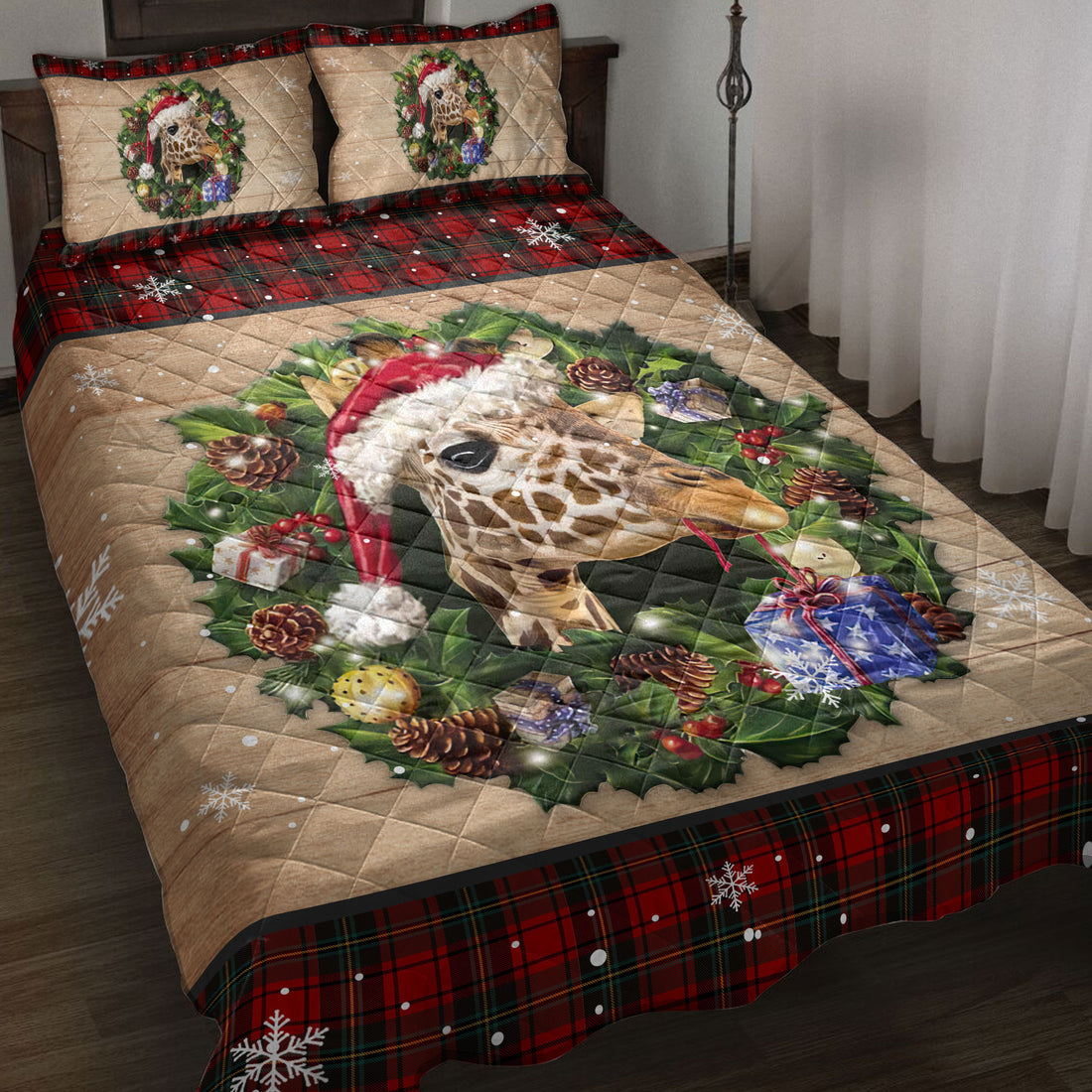 Ohaprints-Quilt-Bed-Set-Pillowcase-Giraffe-Wearing-Wreath-A-Christmas-Hat-Gift-Boxes-Red-Buffalo-Plaid-Blanket-Bedspread-Bedding-3752-Throw (55'' x 60'')