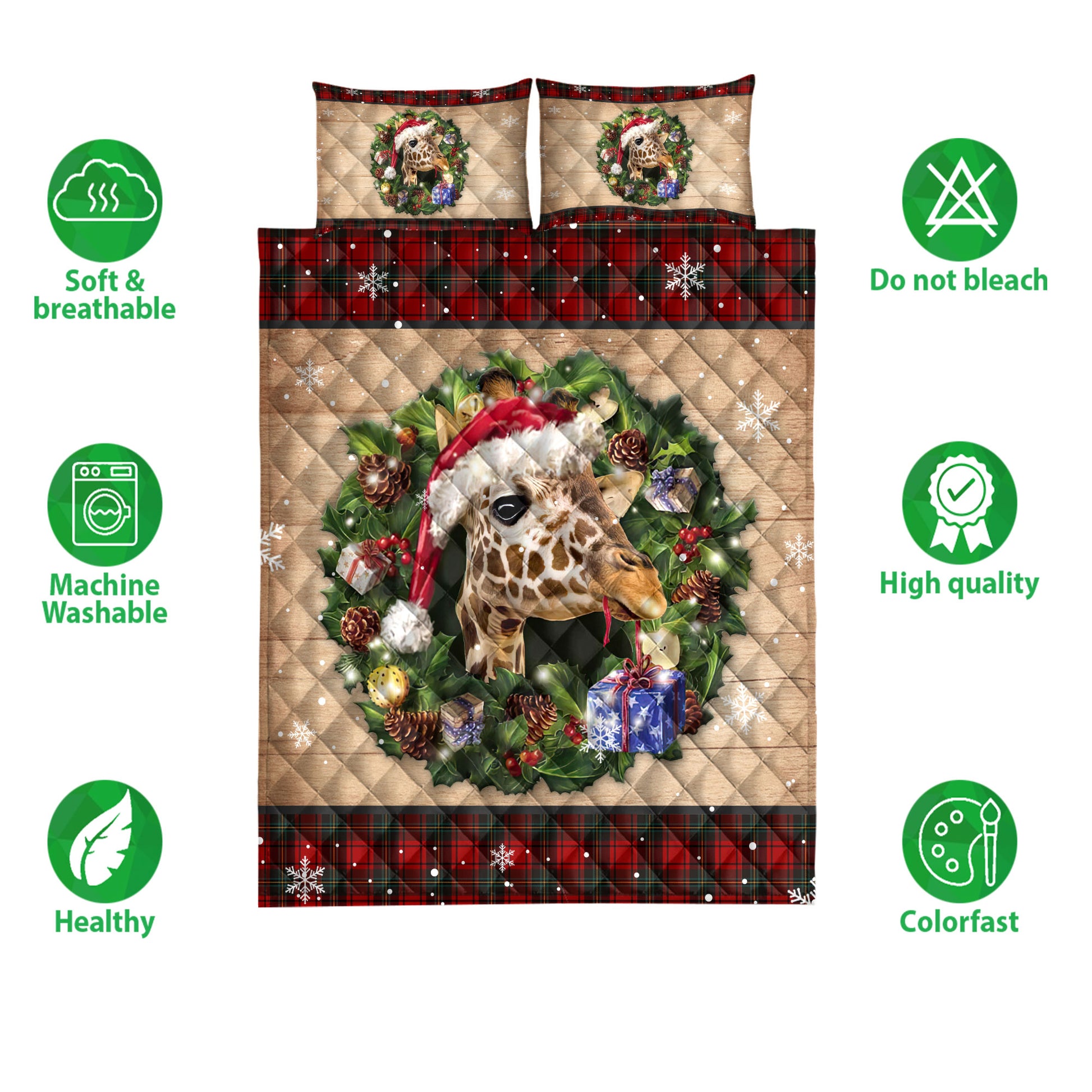 Ohaprints-Quilt-Bed-Set-Pillowcase-Giraffe-Wearing-Wreath-A-Christmas-Hat-Gift-Boxes-Red-Buffalo-Plaid-Blanket-Bedspread-Bedding-3752-Double (70'' x 80'')