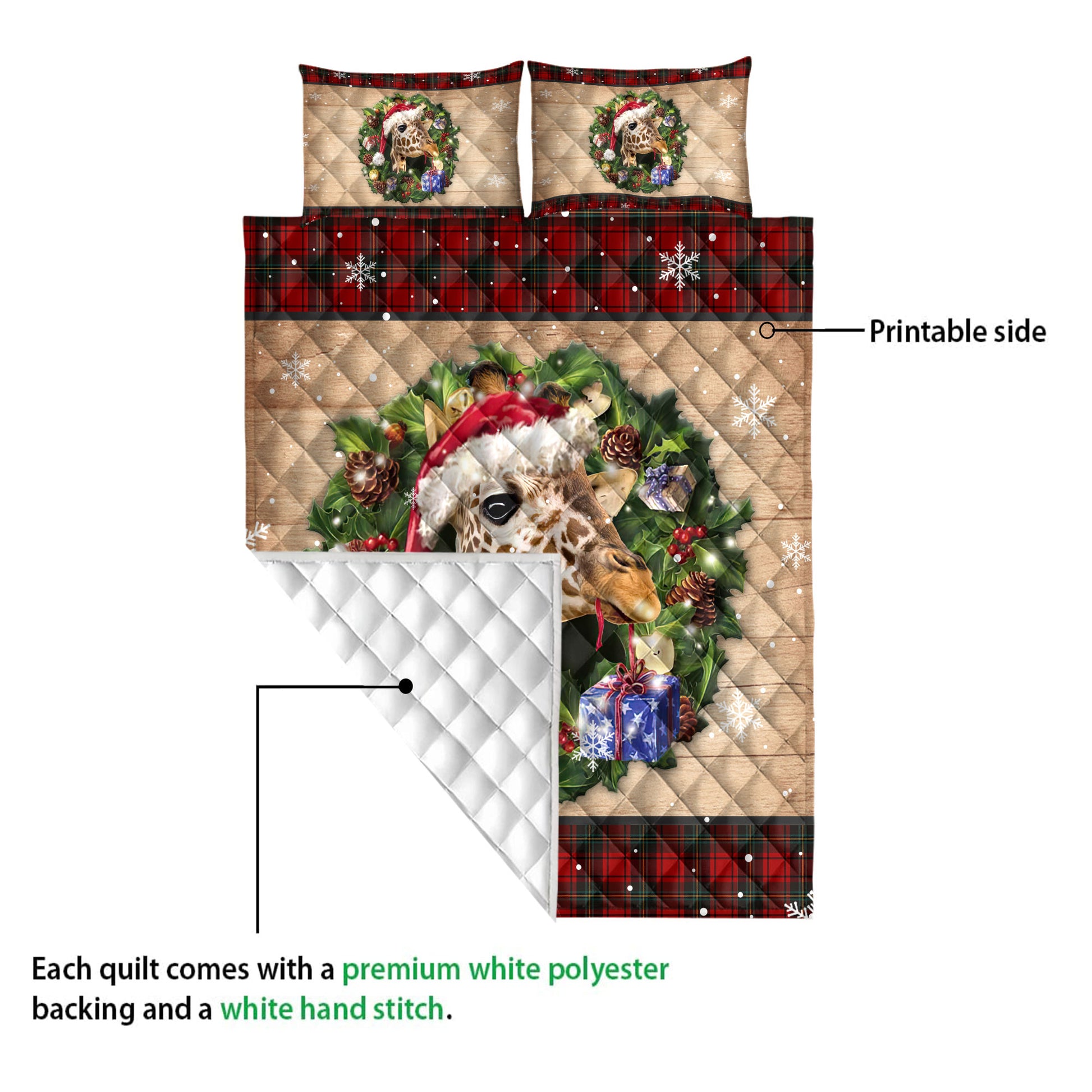 Ohaprints-Quilt-Bed-Set-Pillowcase-Giraffe-Wearing-Wreath-A-Christmas-Hat-Gift-Boxes-Red-Buffalo-Plaid-Blanket-Bedspread-Bedding-3752-Queen (80'' x 90'')