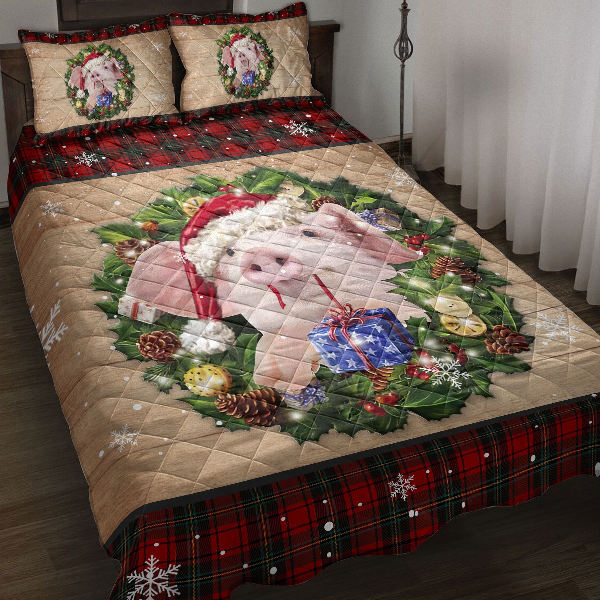 Ohaprints-Quilt-Bed-Set-Pillowcase-Pig-Wearing-Wreath-A-Christmas-Hat-Gift-Red-Buffalo-Plaid-Winter-Blanket-Bedspread-Bedding-3753-Throw (55'' x 60'')