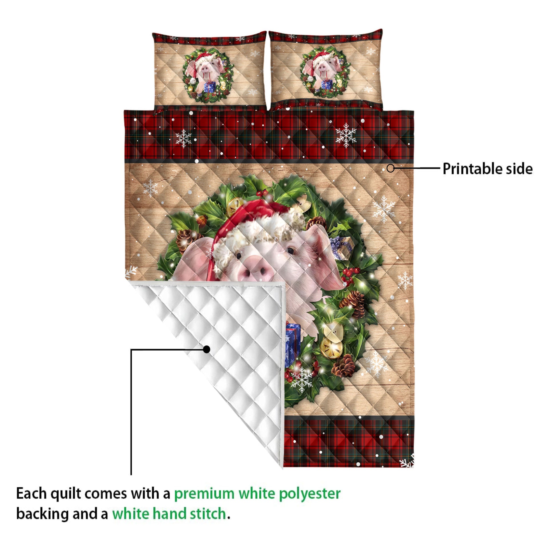 Ohaprints-Quilt-Bed-Set-Pillowcase-Pig-Wearing-Wreath-A-Christmas-Hat-Gift-Red-Buffalo-Plaid-Winter-Blanket-Bedspread-Bedding-3753-Queen (80'' x 90'')