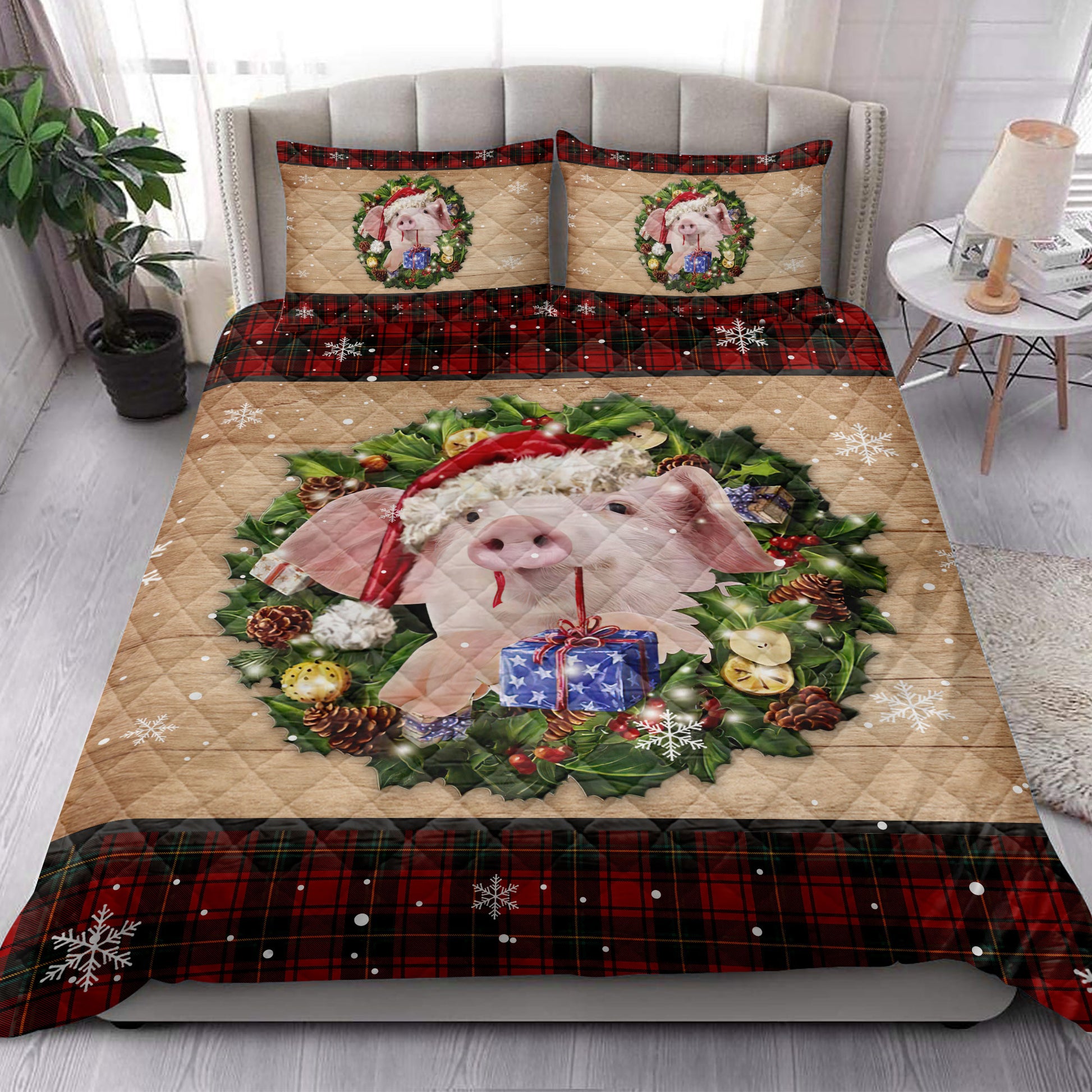 Ohaprints-Quilt-Bed-Set-Pillowcase-Pig-Wearing-Wreath-A-Christmas-Hat-Gift-Red-Buffalo-Plaid-Winter-Blanket-Bedspread-Bedding-3753-King (90'' x 100'')