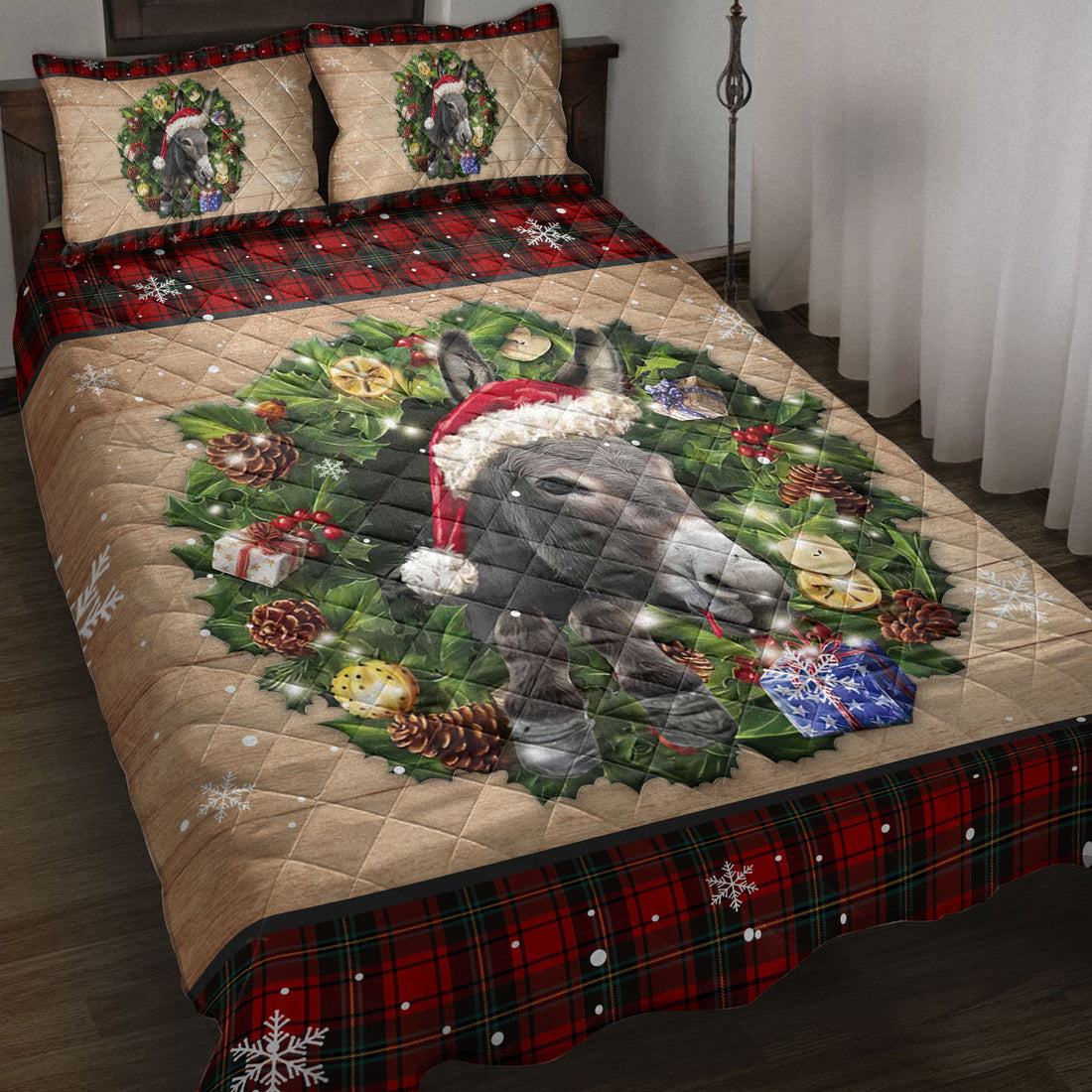 Ohaprints-Quilt-Bed-Set-Pillowcase-Donkey-Wearing-Wreath-A-Christmas-Hat-Gift-Boxes-Red-Buffalo-Plaid-Blanket-Bedspread-Bedding-3754-Throw (55'' x 60'')