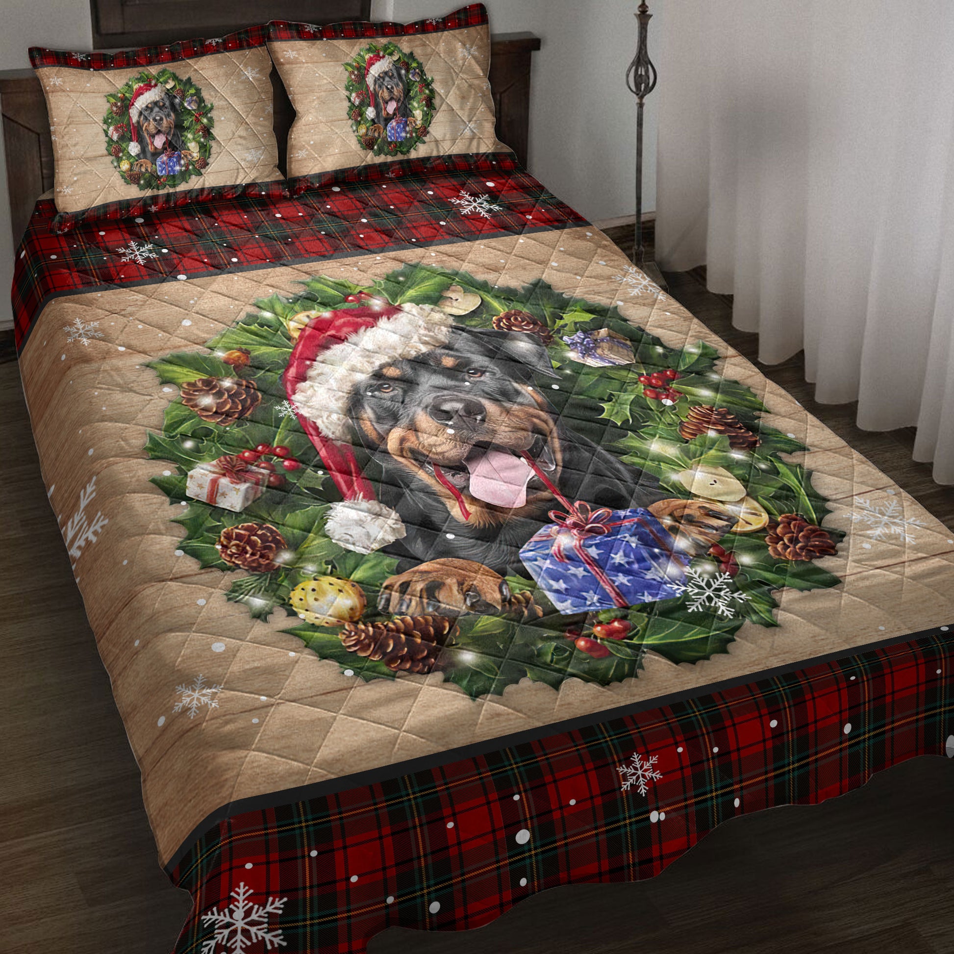 Ohaprints-Quilt-Bed-Set-Pillowcase-Rottweiler-Dog-Wearing-Wreath-A-Christmas-Hat-Gift-Red-Buffalo-Plaid-Blanket-Bedspread-Bedding-3755-Throw (55'' x 60'')