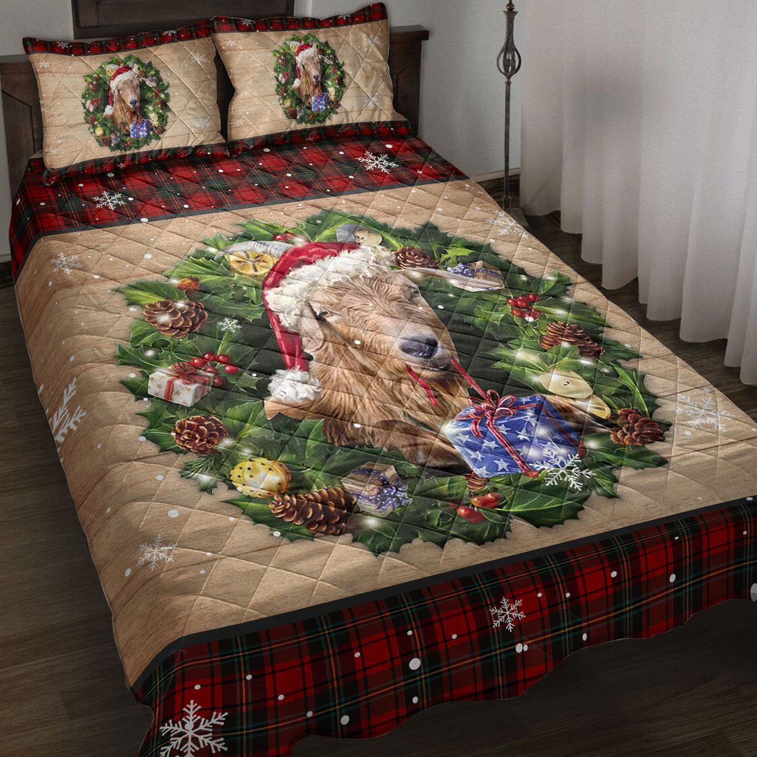 Ohaprints-Quilt-Bed-Set-Pillowcase-Goat-Wearing-Wreath-A-Christmas-Hat-Gift-Red-Buffalo-Plaid-Holiday-Blanket-Bedspread-Bedding-3756-Throw (55'' x 60'')