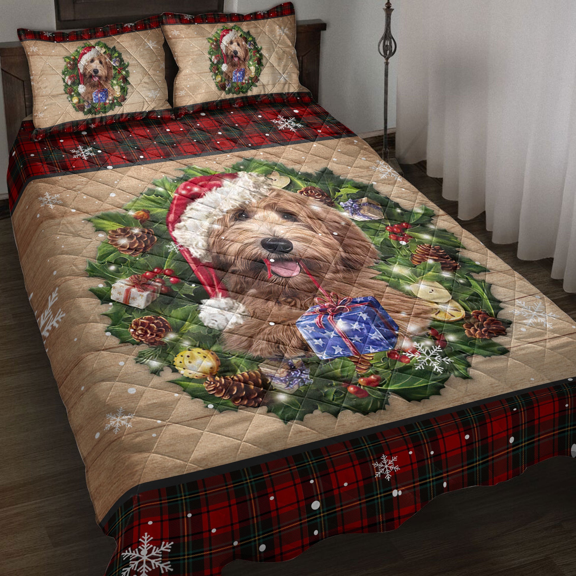 Ohaprints-Quilt-Bed-Set-Pillowcase-Labradoodle-Dog-Wearing-Wreath-A-Christmas-Hat-Red-Buffalo-Plaid-Blanket-Bedspread-Bedding-3757-Throw (55'' x 60'')