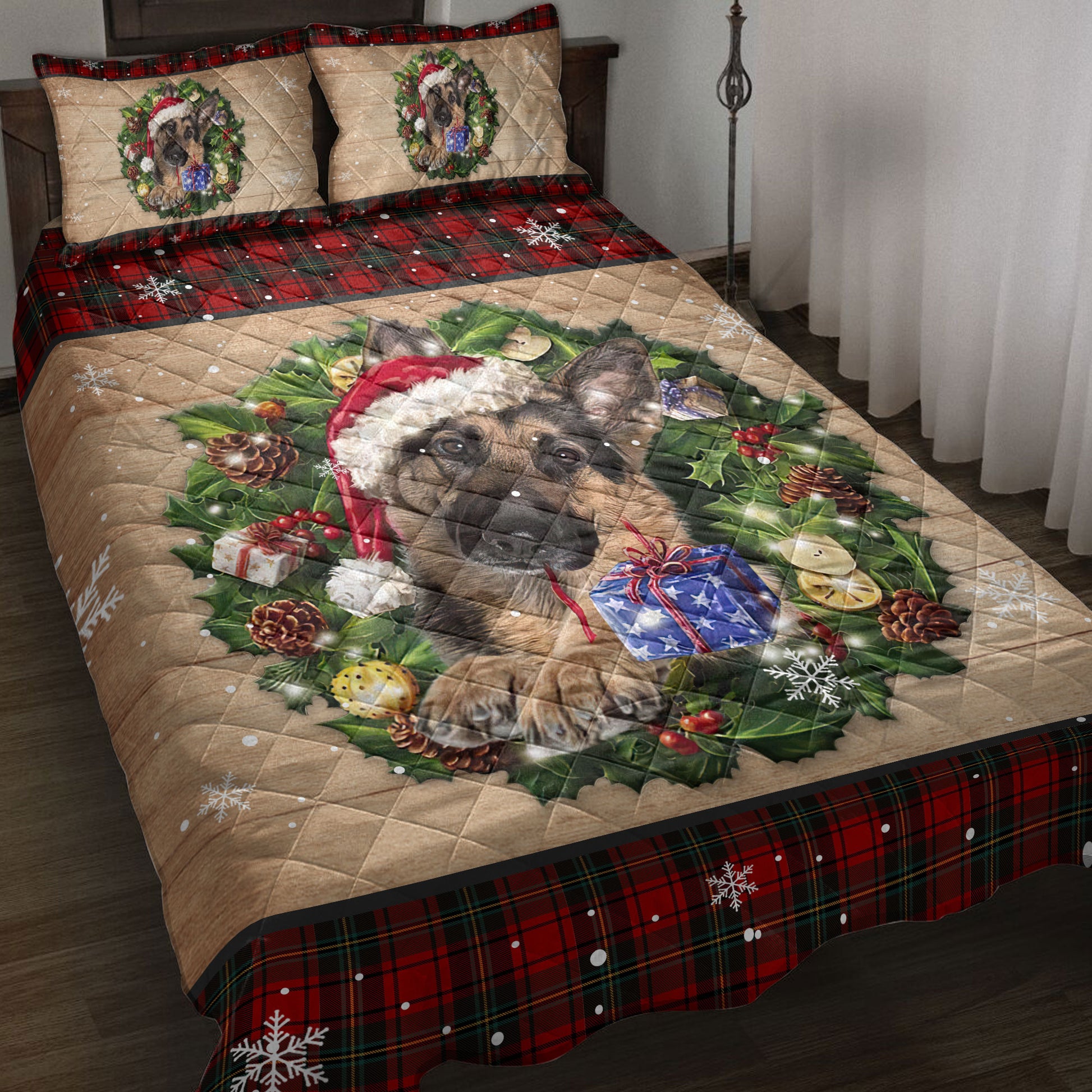 Ohaprints-Quilt-Bed-Set-Pillowcase-German-Shepherd-Wearing-Wreath-A-Christmas-Hat-Gift-Buffalo-Plaid-Blanket-Bedspread-Bedding-3758-Throw (55'' x 60'')