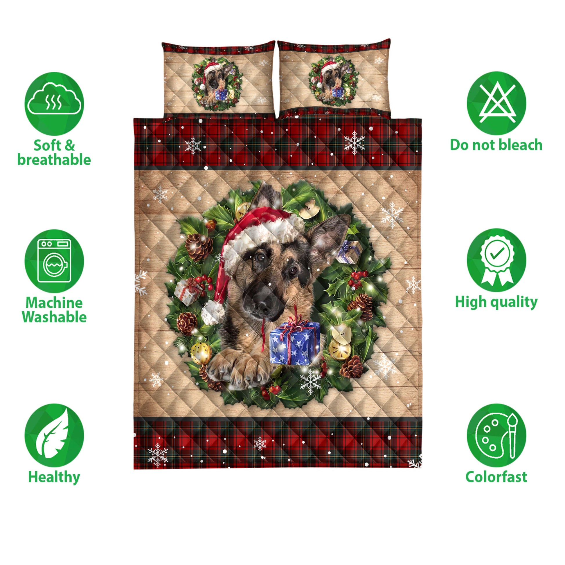 Ohaprints-Quilt-Bed-Set-Pillowcase-German-Shepherd-Wearing-Wreath-A-Christmas-Hat-Gift-Buffalo-Plaid-Blanket-Bedspread-Bedding-3758-Double (70'' x 80'')