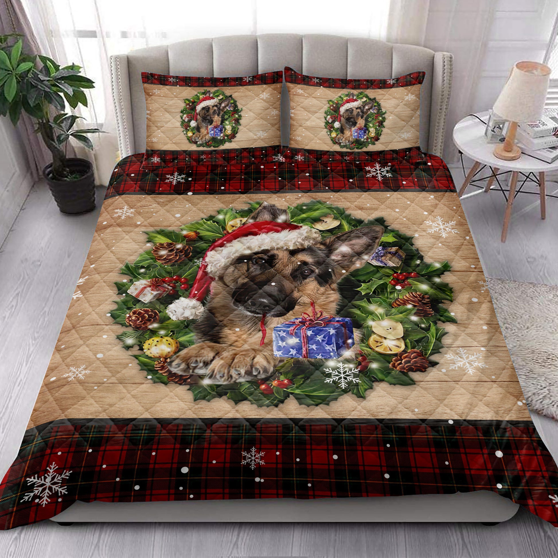 Ohaprints-Quilt-Bed-Set-Pillowcase-German-Shepherd-Wearing-Wreath-A-Christmas-Hat-Gift-Buffalo-Plaid-Blanket-Bedspread-Bedding-3758-King (90'' x 100'')