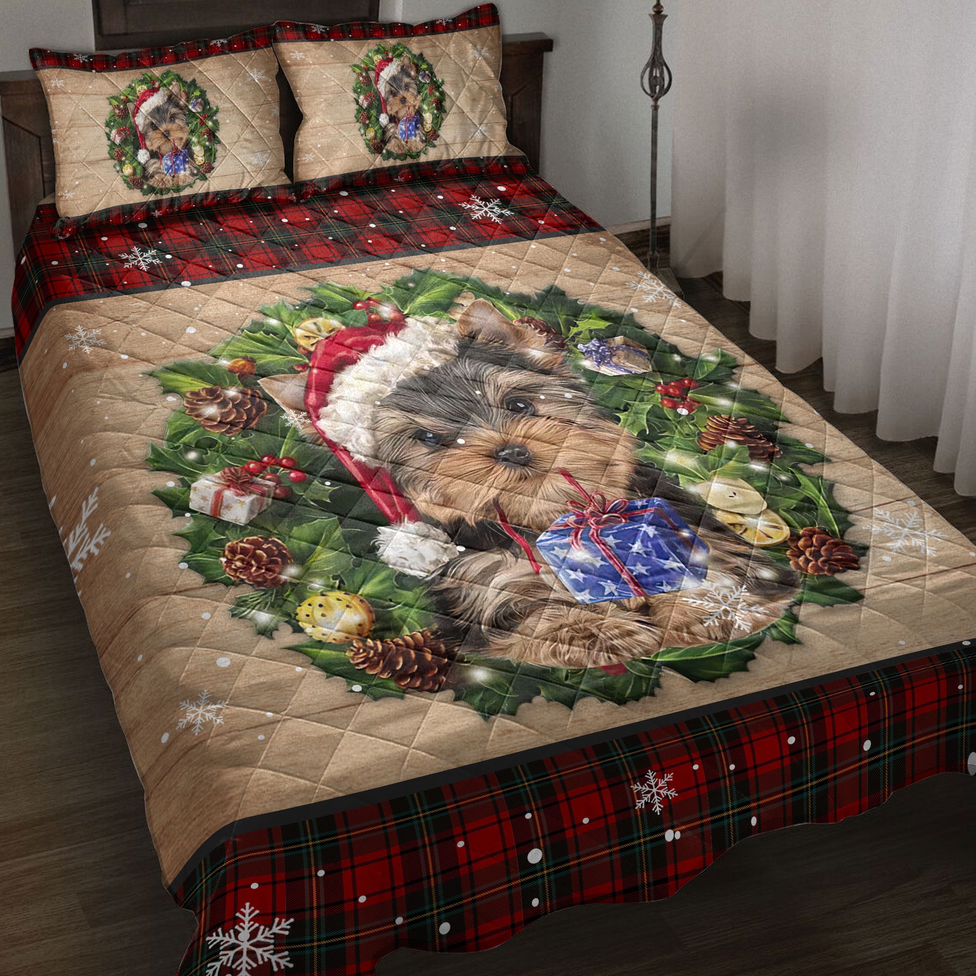 Ohaprints-Quilt-Bed-Set-Pillowcase-Yorkshire-Terrier-Wearing-Wreath-A-Christmas-Hat-Gift-Buffalo-Plaid-Blanket-Bedspread-Bedding-3759-Throw (55'' x 60'')