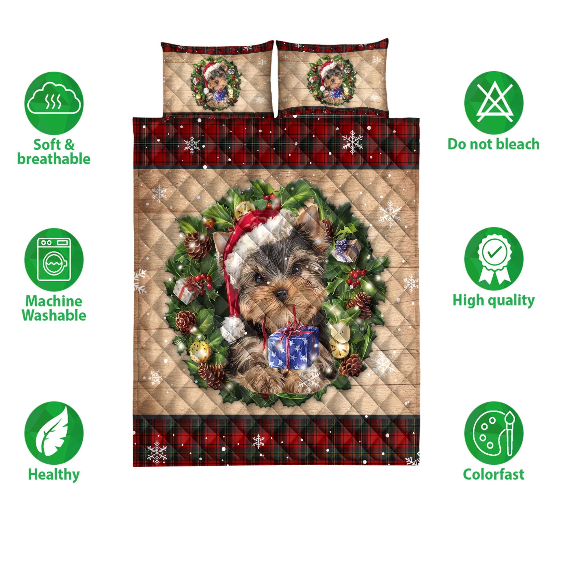 Ohaprints-Quilt-Bed-Set-Pillowcase-Yorkshire-Terrier-Wearing-Wreath-A-Christmas-Hat-Gift-Buffalo-Plaid-Blanket-Bedspread-Bedding-3759-Double (70'' x 80'')