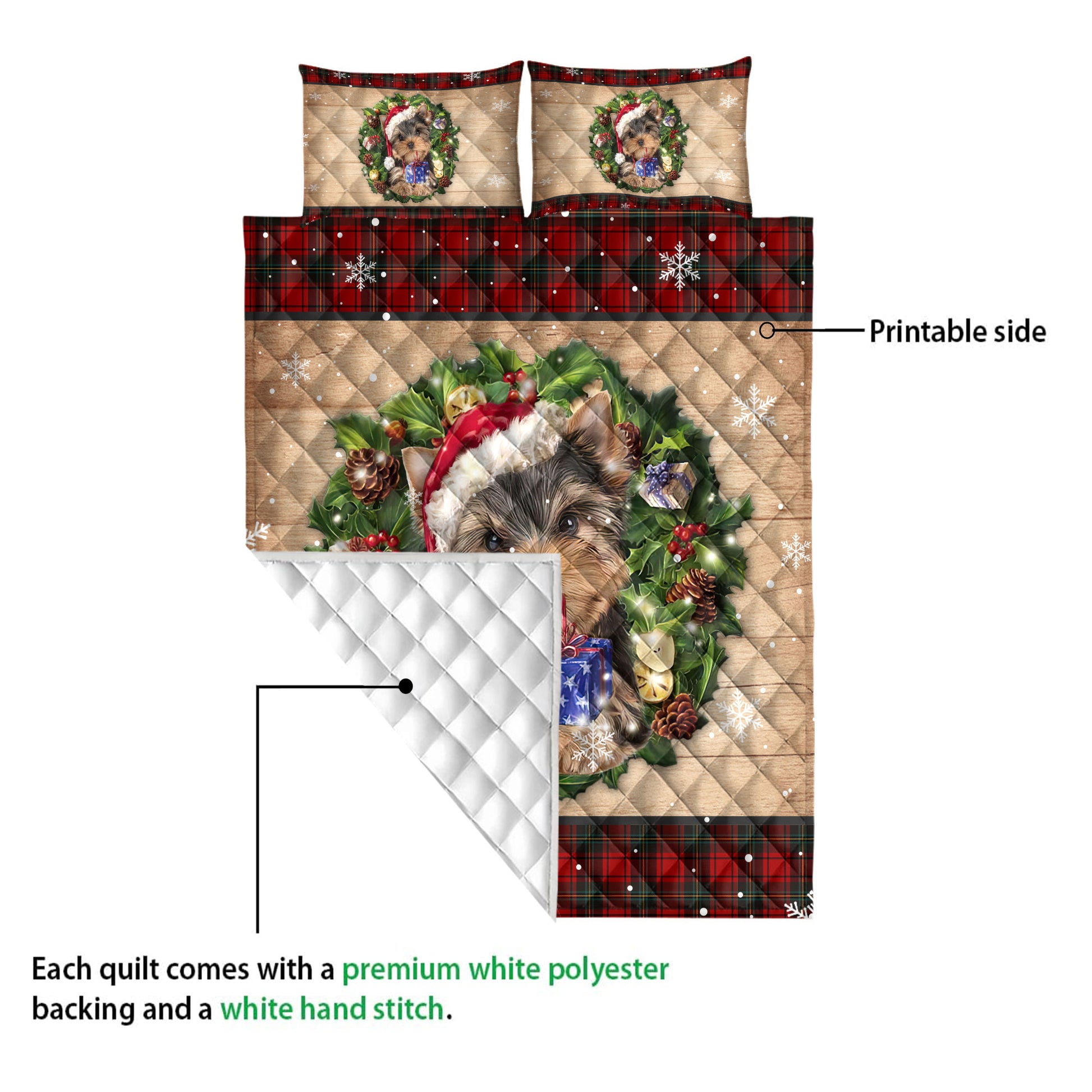 Ohaprints-Quilt-Bed-Set-Pillowcase-Yorkshire-Terrier-Wearing-Wreath-A-Christmas-Hat-Gift-Buffalo-Plaid-Blanket-Bedspread-Bedding-3759-Queen (80'' x 90'')