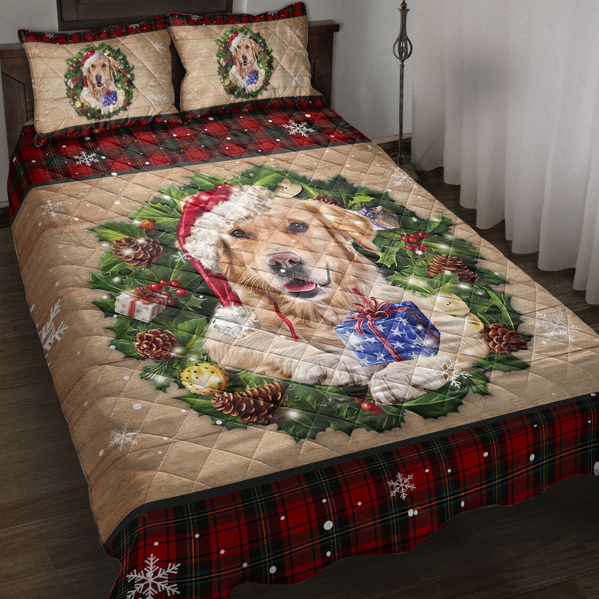 Ohaprints-Quilt-Bed-Set-Pillowcase-Golden-Retriever-Wearing-Wreath-A-Christmas-Hat-Gift-Buffalo-Plaid-Blanket-Bedspread-Bedding-3760-Throw (55'' x 60'')