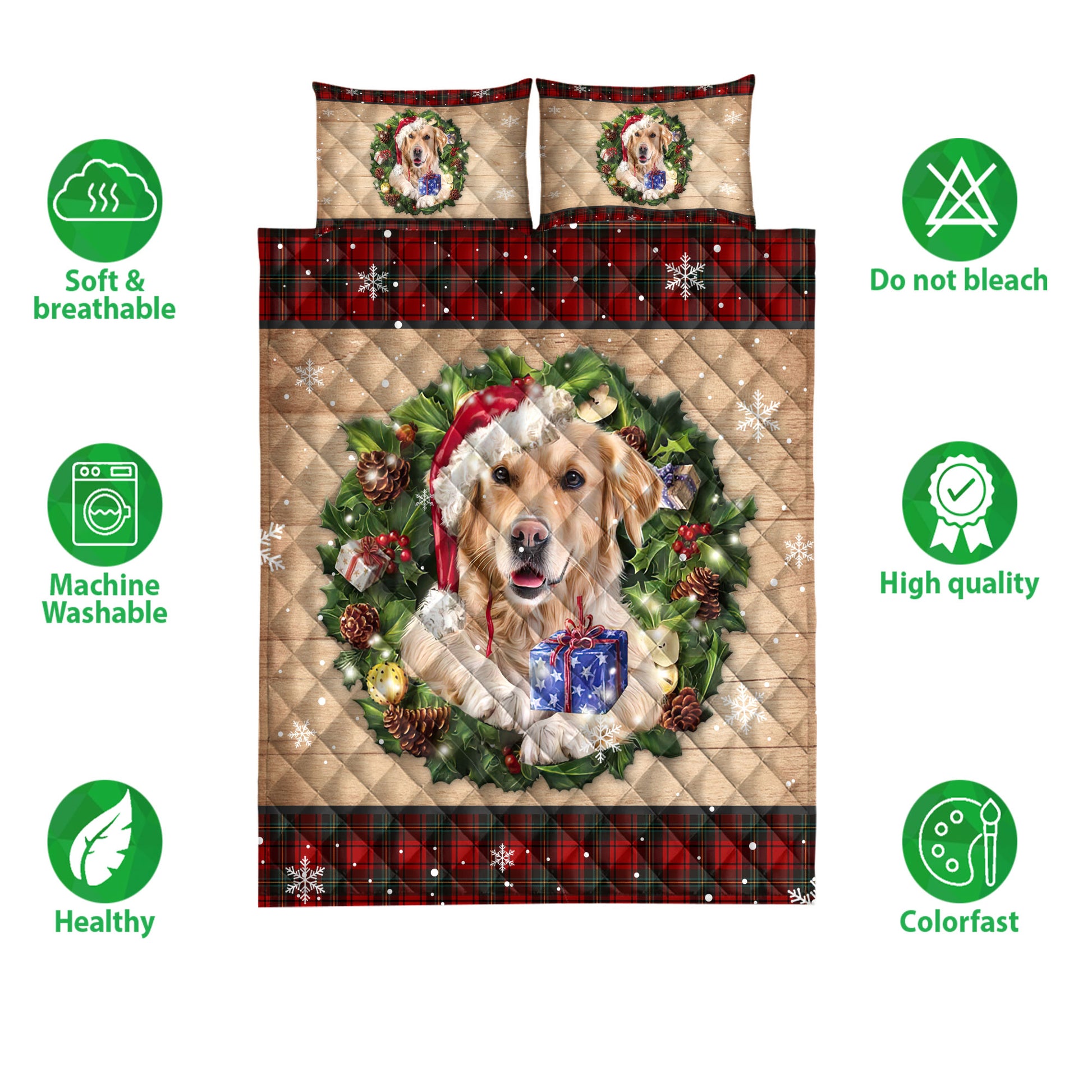 Ohaprints-Quilt-Bed-Set-Pillowcase-Golden-Retriever-Wearing-Wreath-A-Christmas-Hat-Gift-Buffalo-Plaid-Blanket-Bedspread-Bedding-3760-Double (70'' x 80'')