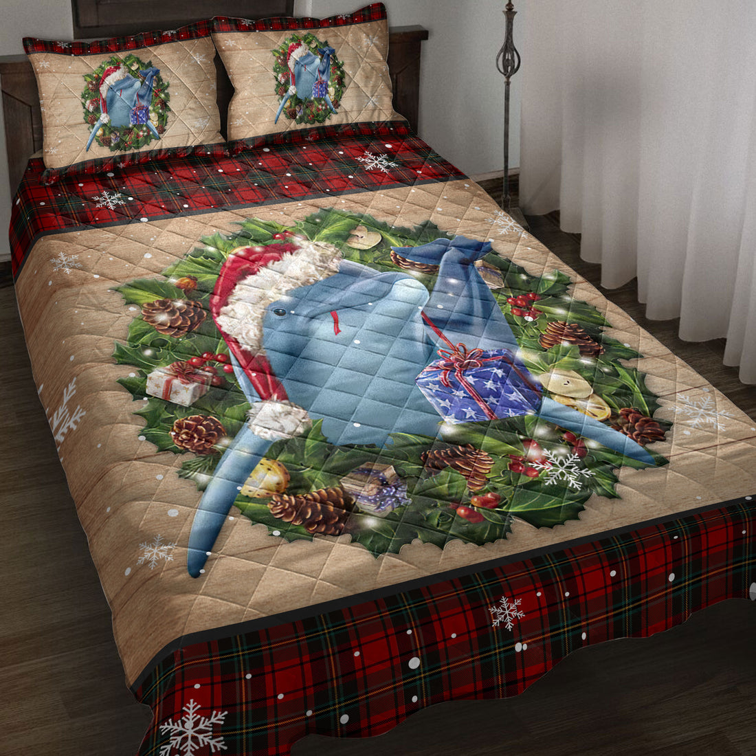 Ohaprints-Quilt-Bed-Set-Pillowcase-Dolphin-Wearing-Wreath-A-Christmas-Hat-Gift-Buffalo-Plaid-Holiday-Blanket-Bedspread-Bedding-3761-Throw (55'' x 60'')