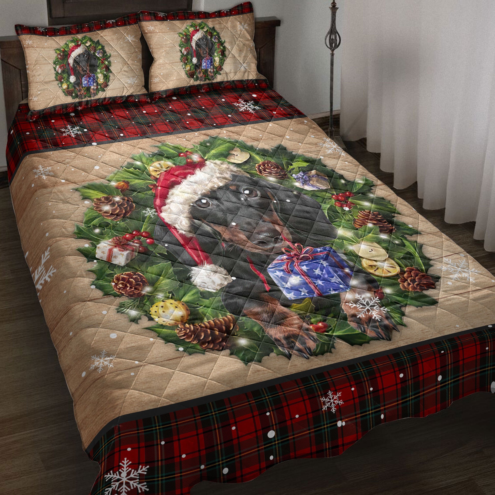 Ohaprints-Quilt-Bed-Set-Pillowcase-Dachshund-Dog-Wearing-Wreath-A-Christmas-Hat-Gift-Buffalo-Plaid-Blanket-Bedspread-Bedding-3762-Throw (55'' x 60'')