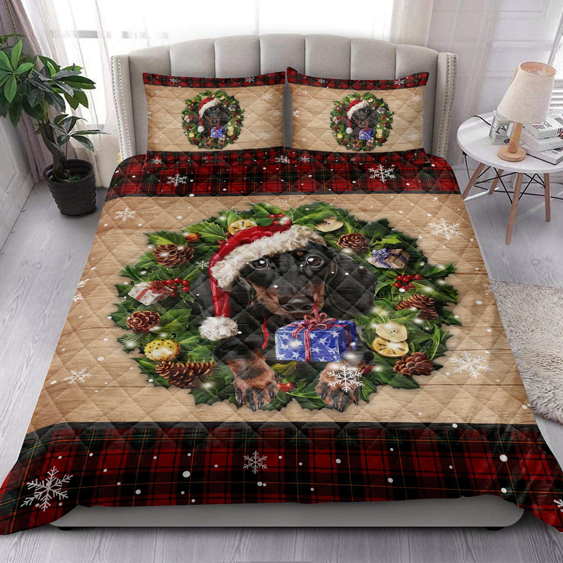 Ohaprints-Quilt-Bed-Set-Pillowcase-Dachshund-Dog-Wearing-Wreath-A-Christmas-Hat-Gift-Buffalo-Plaid-Blanket-Bedspread-Bedding-3762-King (90'' x 100'')