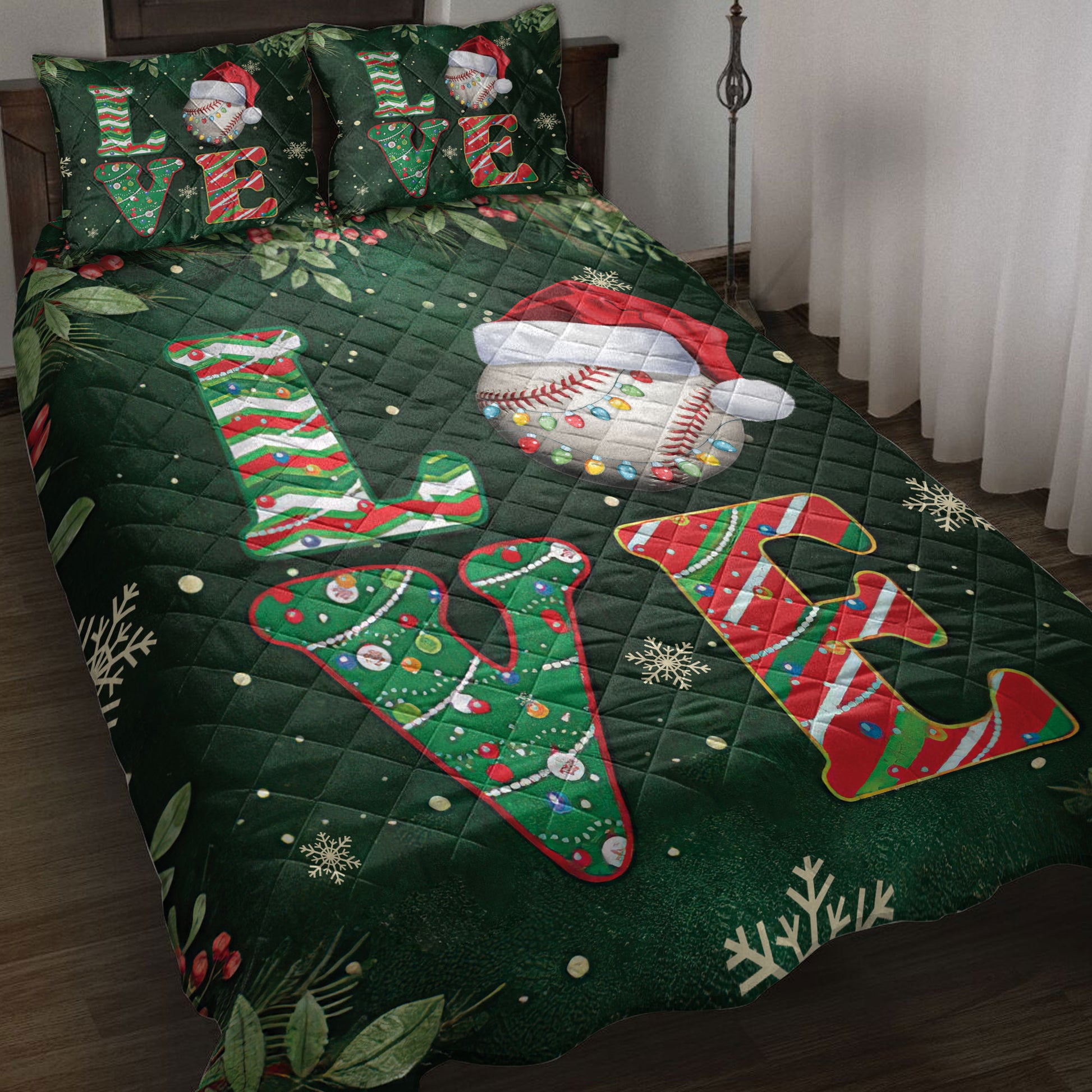 Ohaprints-Quilt-Bed-Set-Pillowcase-Love-Baseball-With-Christmas-Hat-Holly-Berry--Snowflake-Xmas-Blanket-Bedspread-Bedding-3763-Throw (55'' x 60'')