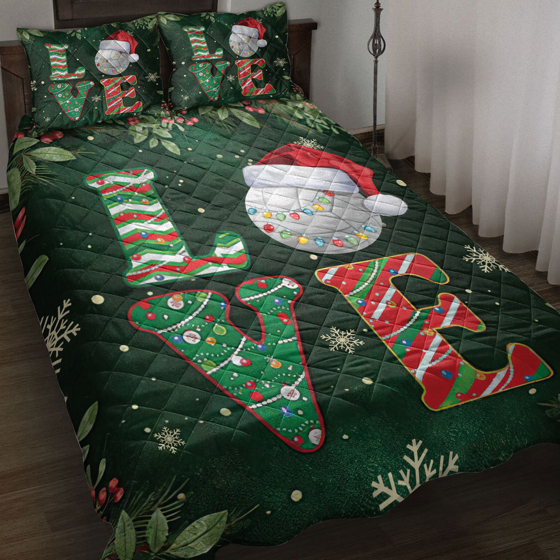 Ohaprints-Quilt-Bed-Set-Pillowcase-Love-Volleyball-With-Christmas-Hat-Holly-Berry--Snowflake-Holiday-Blanket-Bedspread-Bedding-3764-Throw (55'' x 60'')