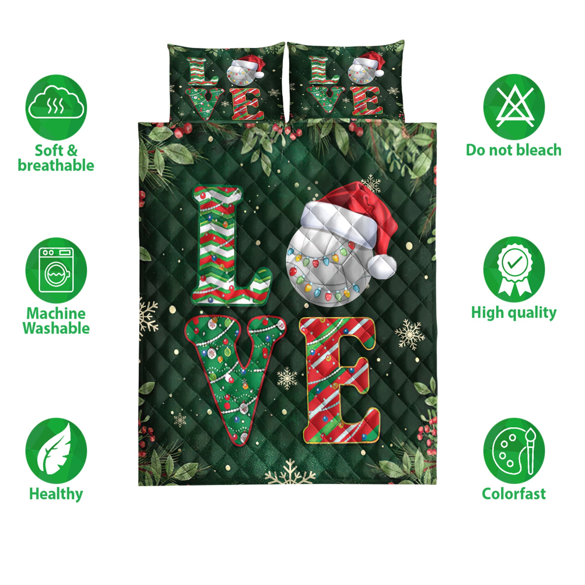 Ohaprints-Quilt-Bed-Set-Pillowcase-Love-Volleyball-With-Christmas-Hat-Holly-Berry--Snowflake-Holiday-Blanket-Bedspread-Bedding-3764-Double (70'' x 80'')