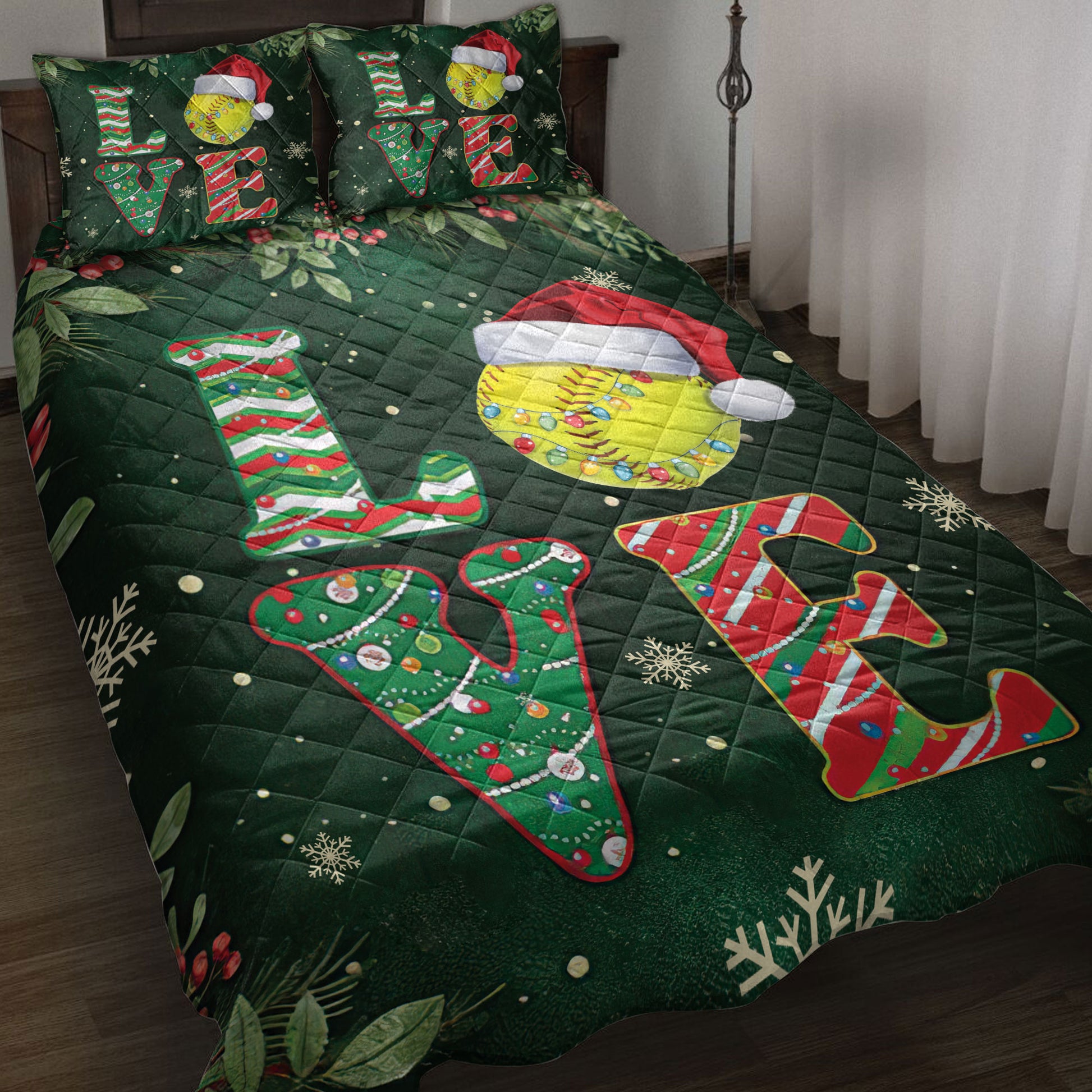 Ohaprints-Quilt-Bed-Set-Pillowcase-Love-Softball-With-Christmas-Hat-Holly-Berry--Snowflake-Xmas-Holiday-Blanket-Bedspread-Bedding-3765-Throw (55'' x 60'')