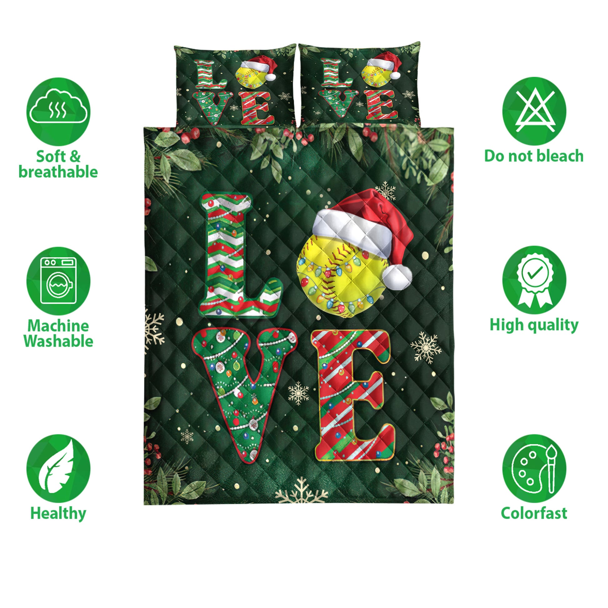 Ohaprints-Quilt-Bed-Set-Pillowcase-Love-Softball-With-Christmas-Hat-Holly-Berry--Snowflake-Xmas-Holiday-Blanket-Bedspread-Bedding-3765-Double (70'' x 80'')