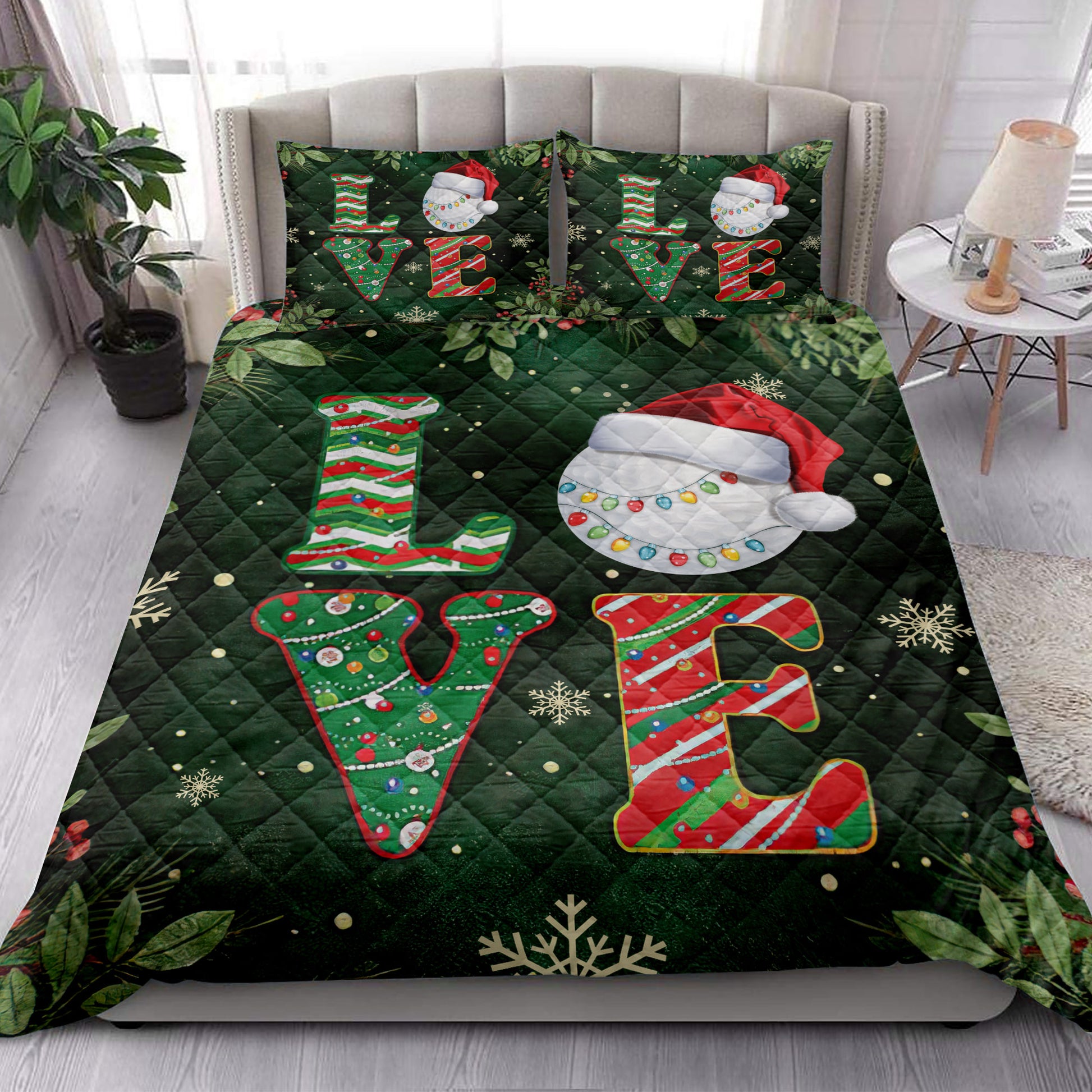 Ohaprints-Quilt-Bed-Set-Pillowcase-Love-Golf-With-Christmas-Hat-Holly-Berry--Snowflake-Xmas-Holiday-Blanket-Bedspread-Bedding-3766-King (90'' x 100'')