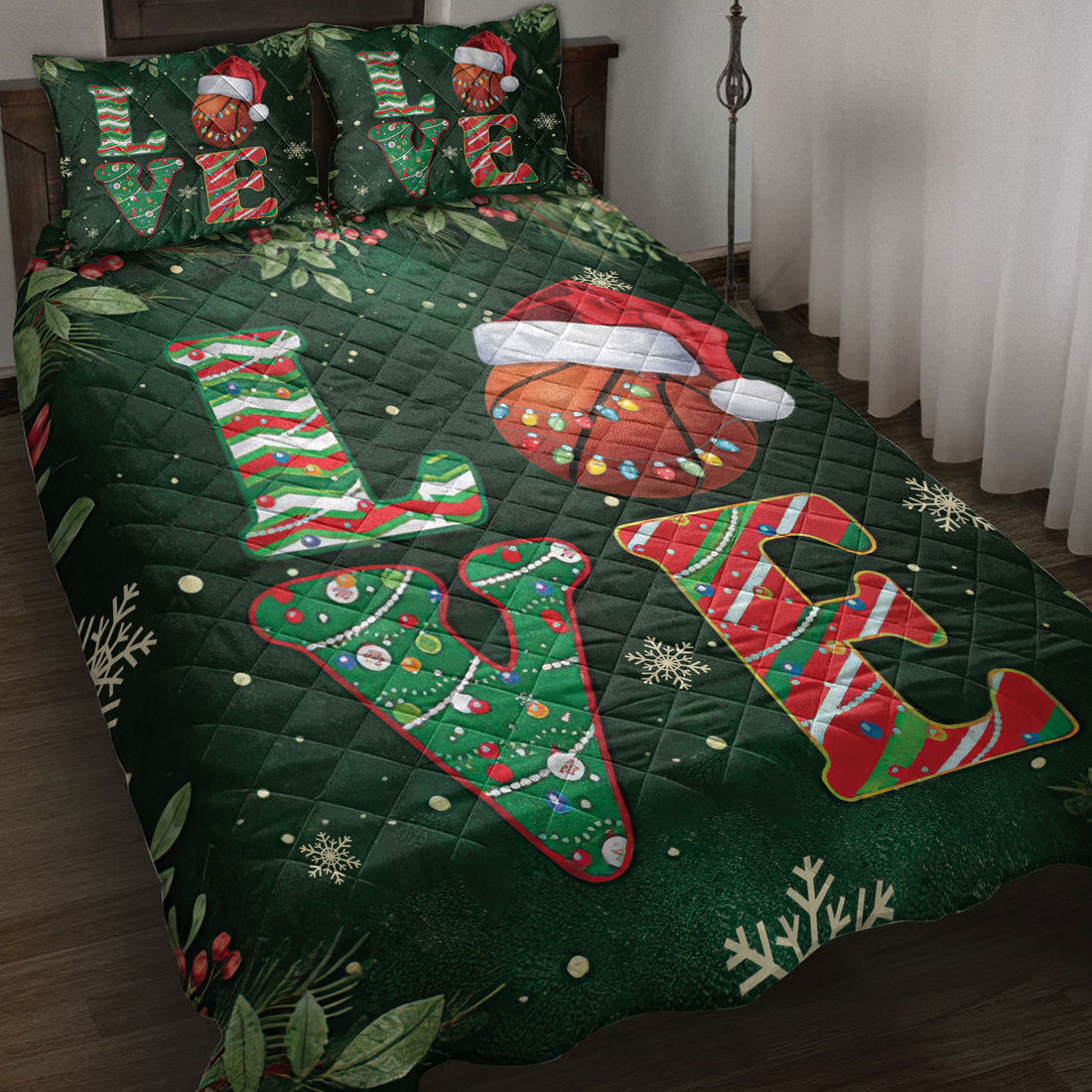 Ohaprints-Quilt-Bed-Set-Pillowcase-Love-Basketball-With-Christmas-Hat-Holly-Berry--Snowflake-Holiday-Blanket-Bedspread-Bedding-3767-Throw (55'' x 60'')