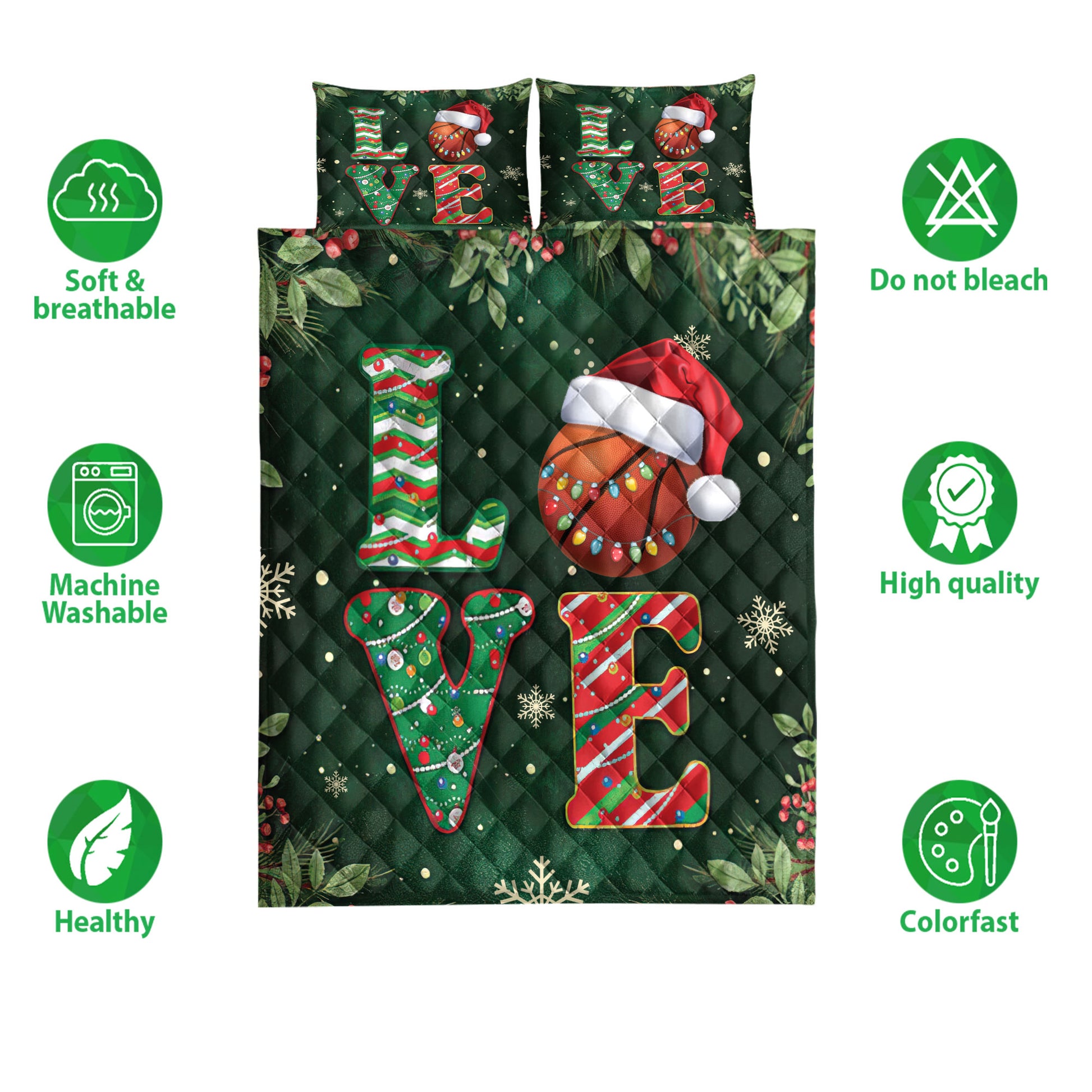 Ohaprints-Quilt-Bed-Set-Pillowcase-Love-Basketball-With-Christmas-Hat-Holly-Berry--Snowflake-Holiday-Blanket-Bedspread-Bedding-3767-Double (70'' x 80'')